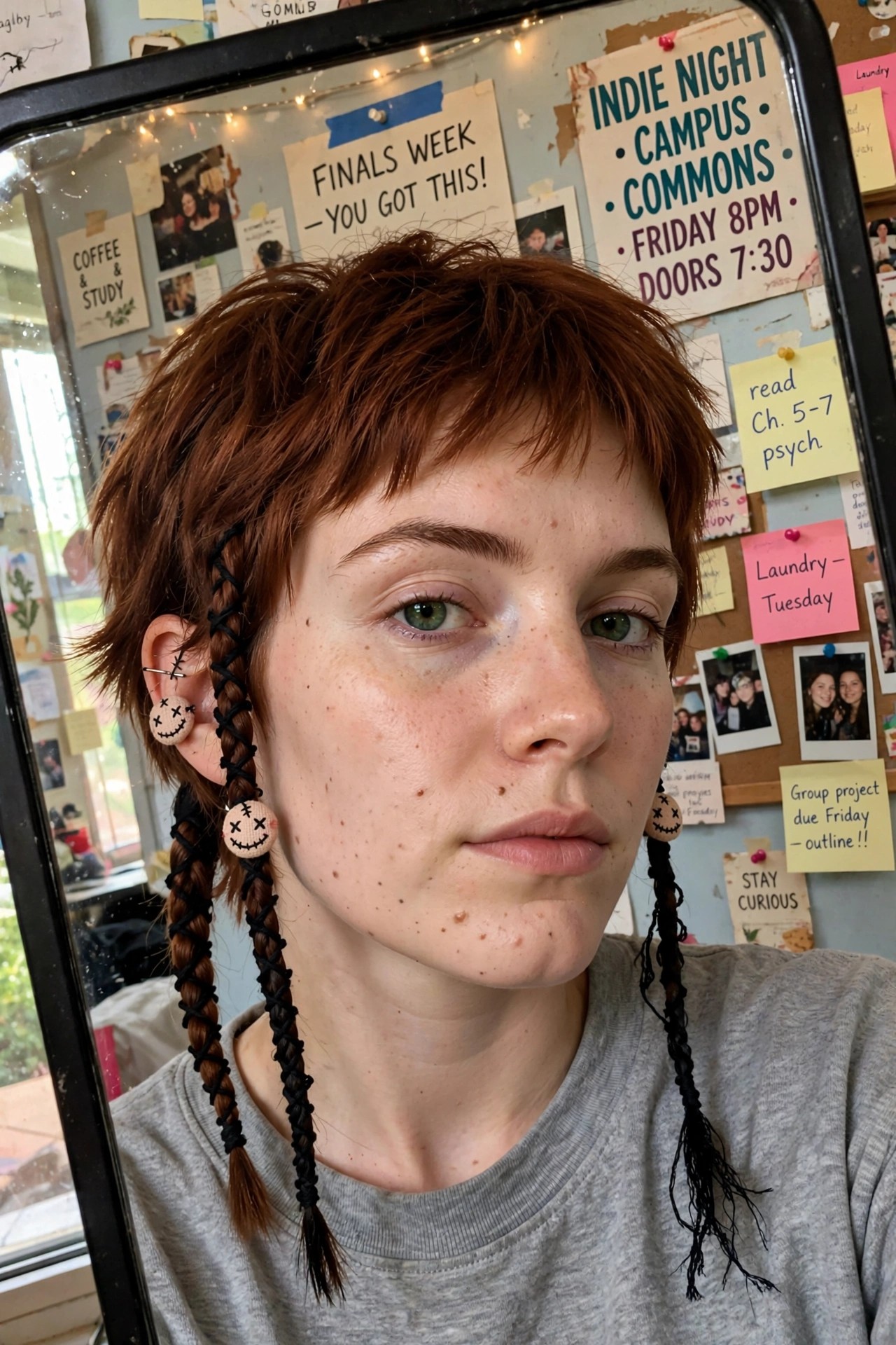Woman with short reddish brown hair wearing two side braids wrapped in black thread and finished with wooden skull beads that have stitched faces.