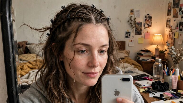 23+ Easy Halloween Hairstyles for Women to Try This Year Woman with middle parted braids forming a spiderweb shape across the crown, small black spider decorations placed throughout the design, loose wavy hair around the face and shoulders.