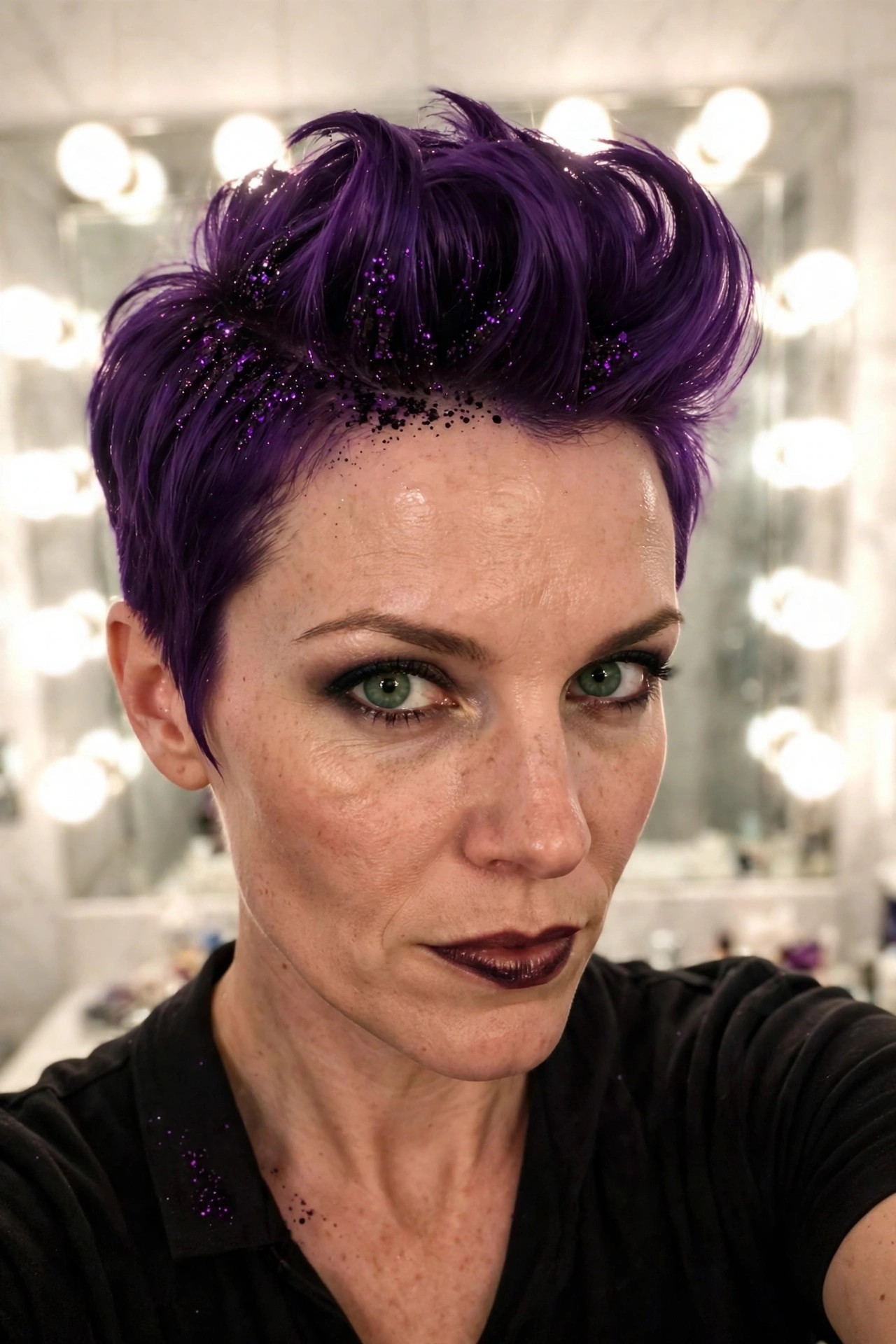 Short purple pixie hairstyle with glitter scattered through the hair and volume pushed upward on top.