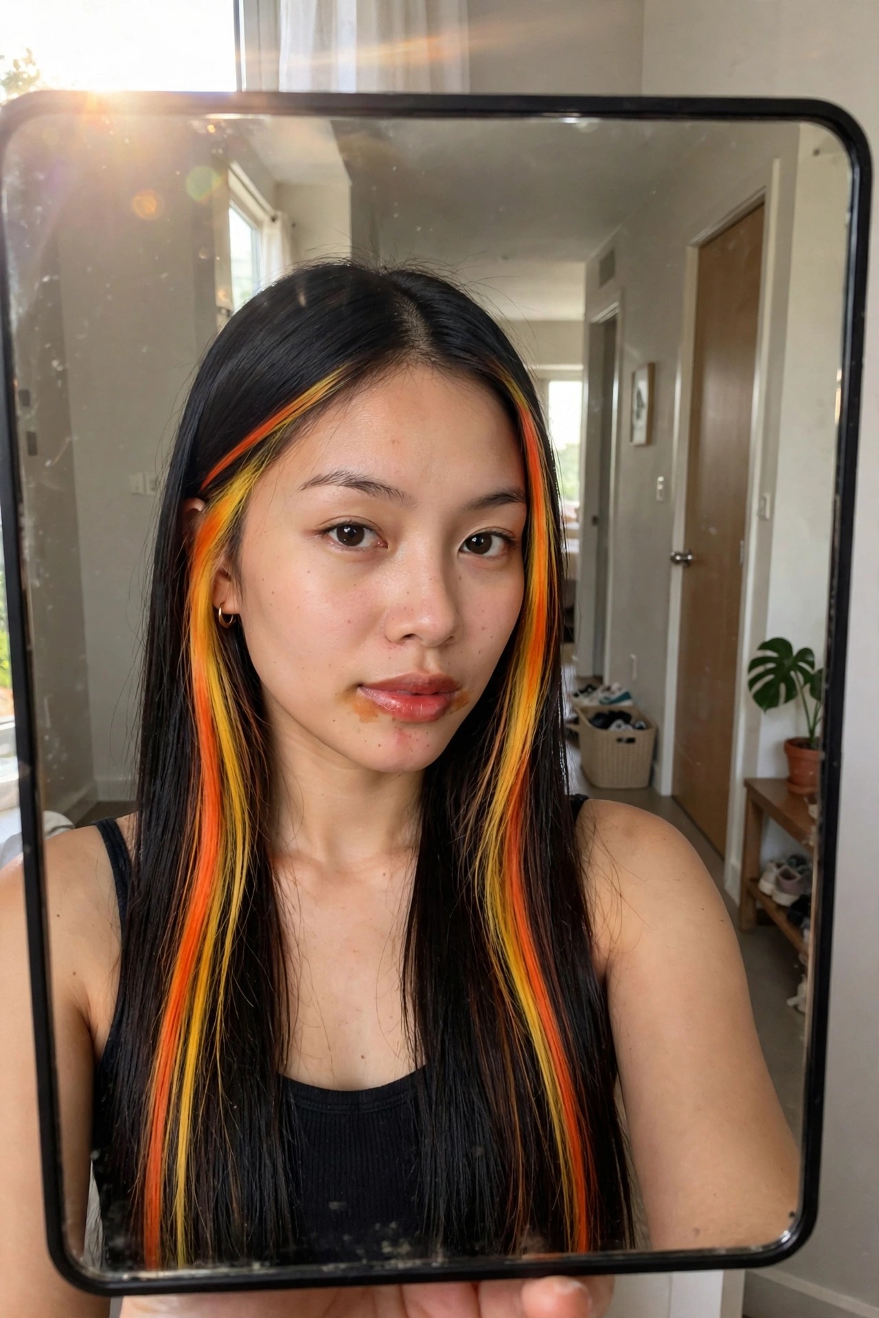 Woman with long straight black hair and bright orange and yellow streaks visible along the sides taking a mirror selfie.