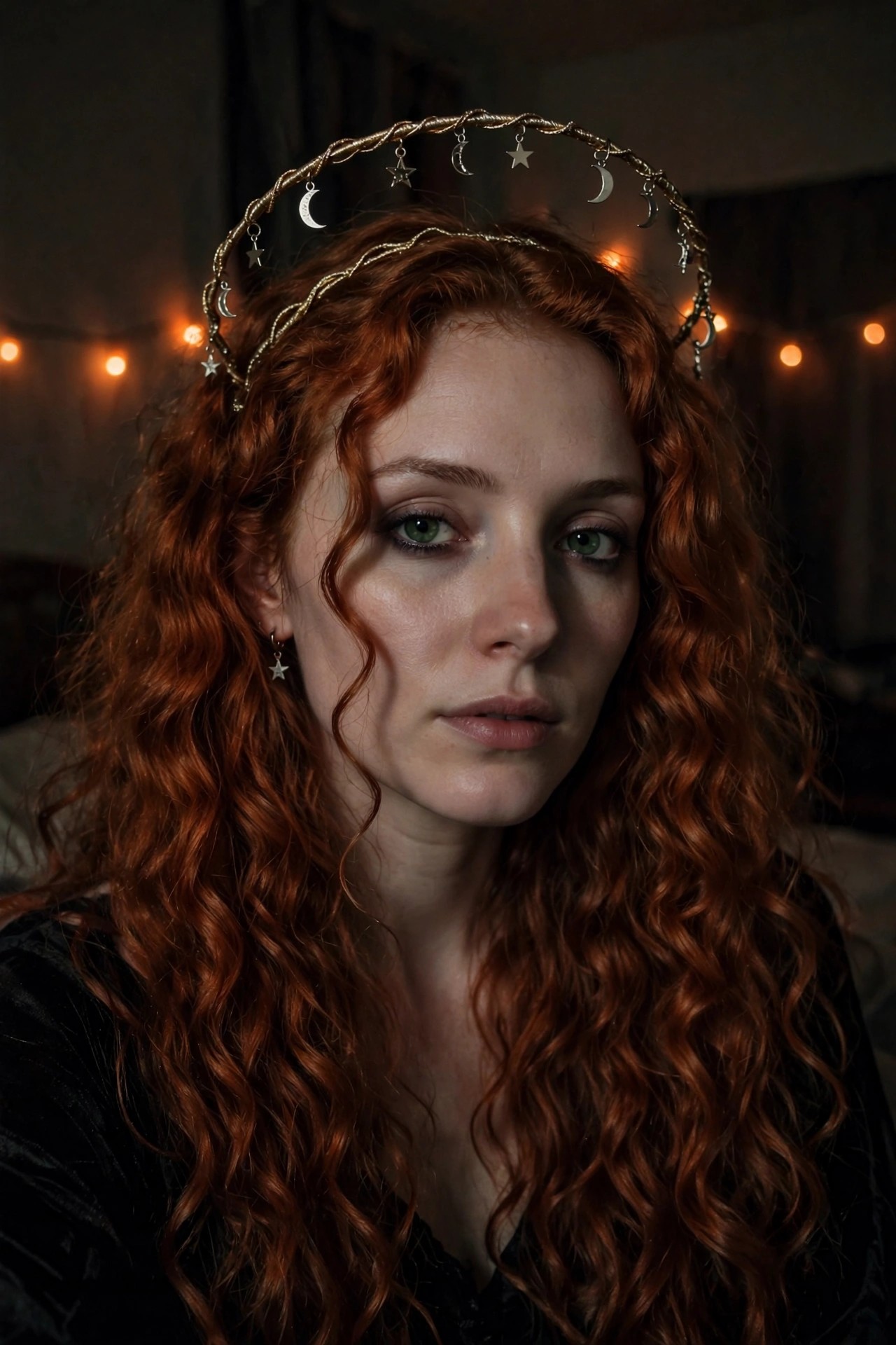 Woman with long red curly hair wearing a gold twisted headband decorated with dangling crescent moons and stars.