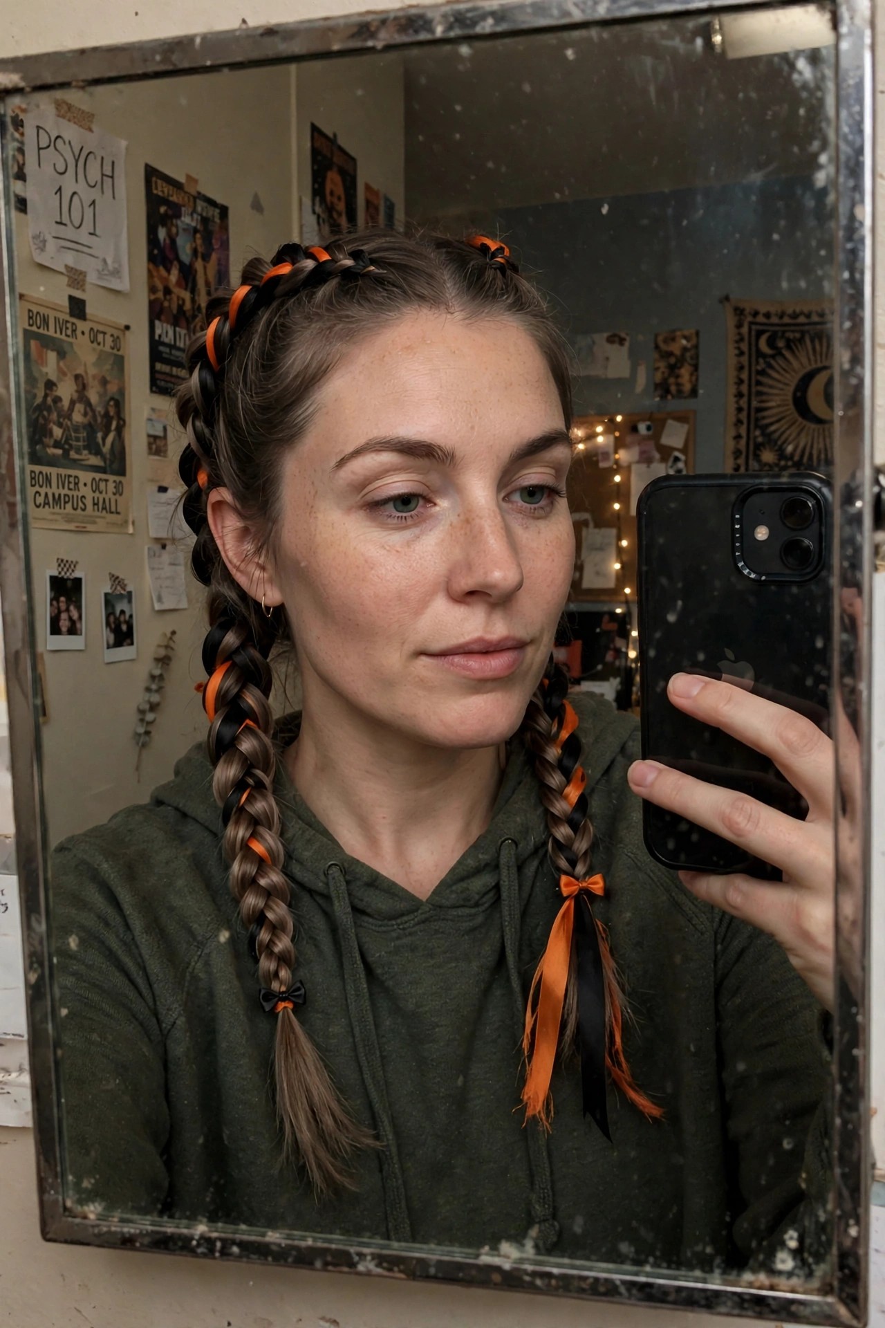 Woman with two long braids featuring woven orange and black ribbons and small bows at the ends.