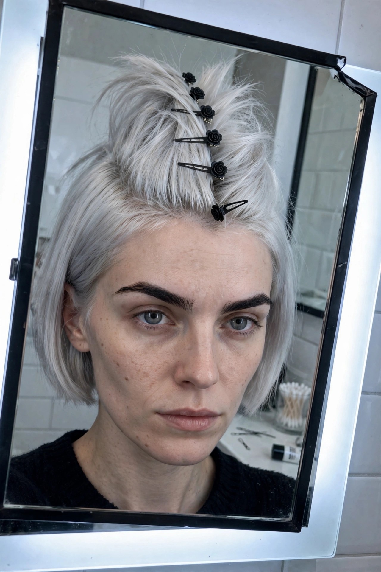 Woman with short platinum hair wearing a loose messy updo secured with black rose shaped clips and bobby pins.
