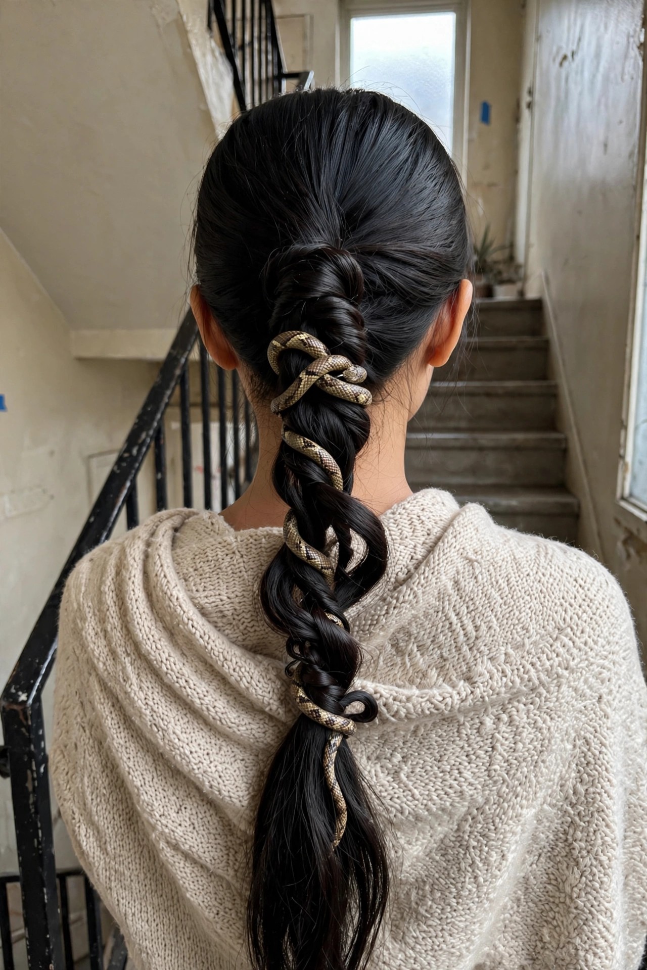 Long dark hair styled in a thick braid with a snake coiled through the length from the base of the neck downward.