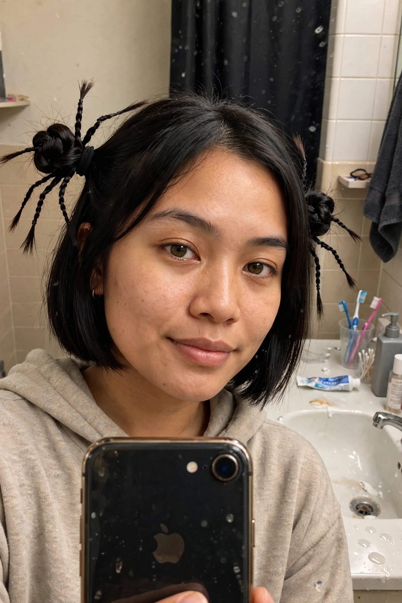 Short black bob with multiple small braids formed into a spider shape bun on the left side and smaller braids on the right.