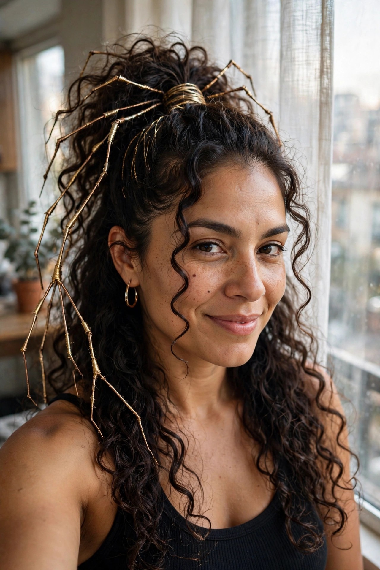 Woman with dark curly hair in a high updo wearing a gold wire spider accessory with long legs extending through the curls.