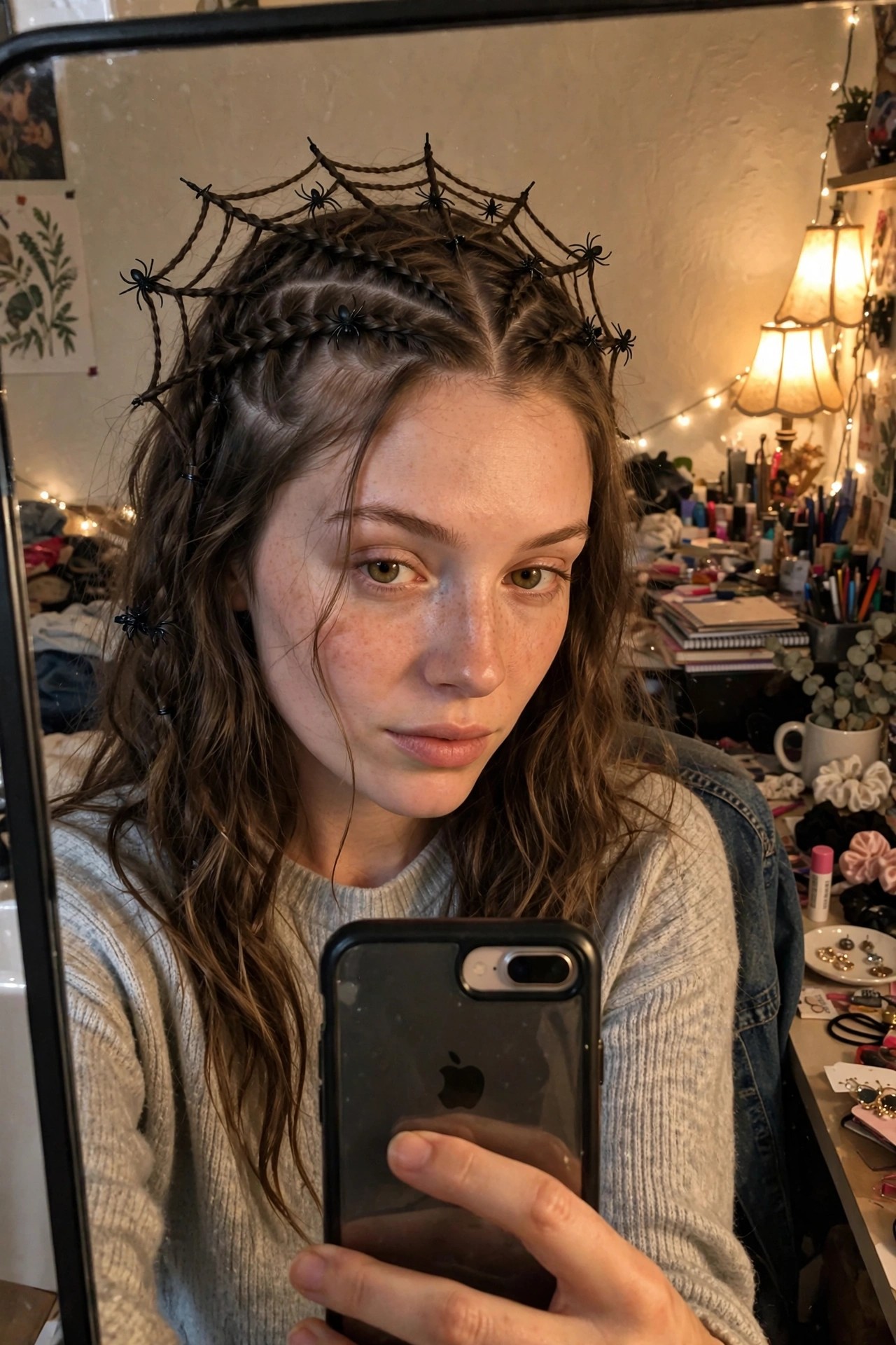 Woman with middle parted braids forming a spiderweb shape across the crown, small black spider decorations placed throughout the design, loose wavy hair around the face and shoulders.