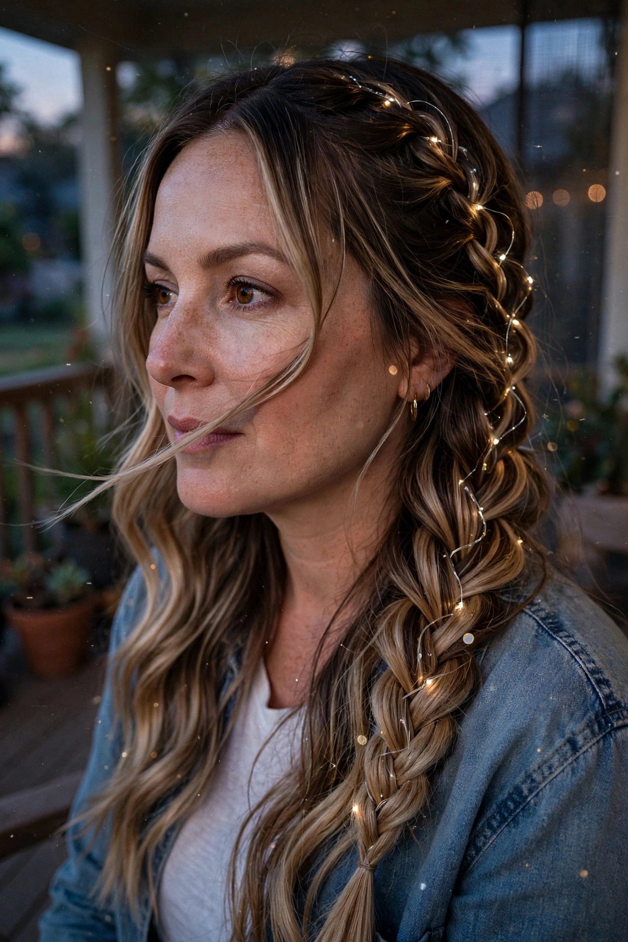 Long side braid with small glowing string lights woven through the sections, loose face framing strands visible.