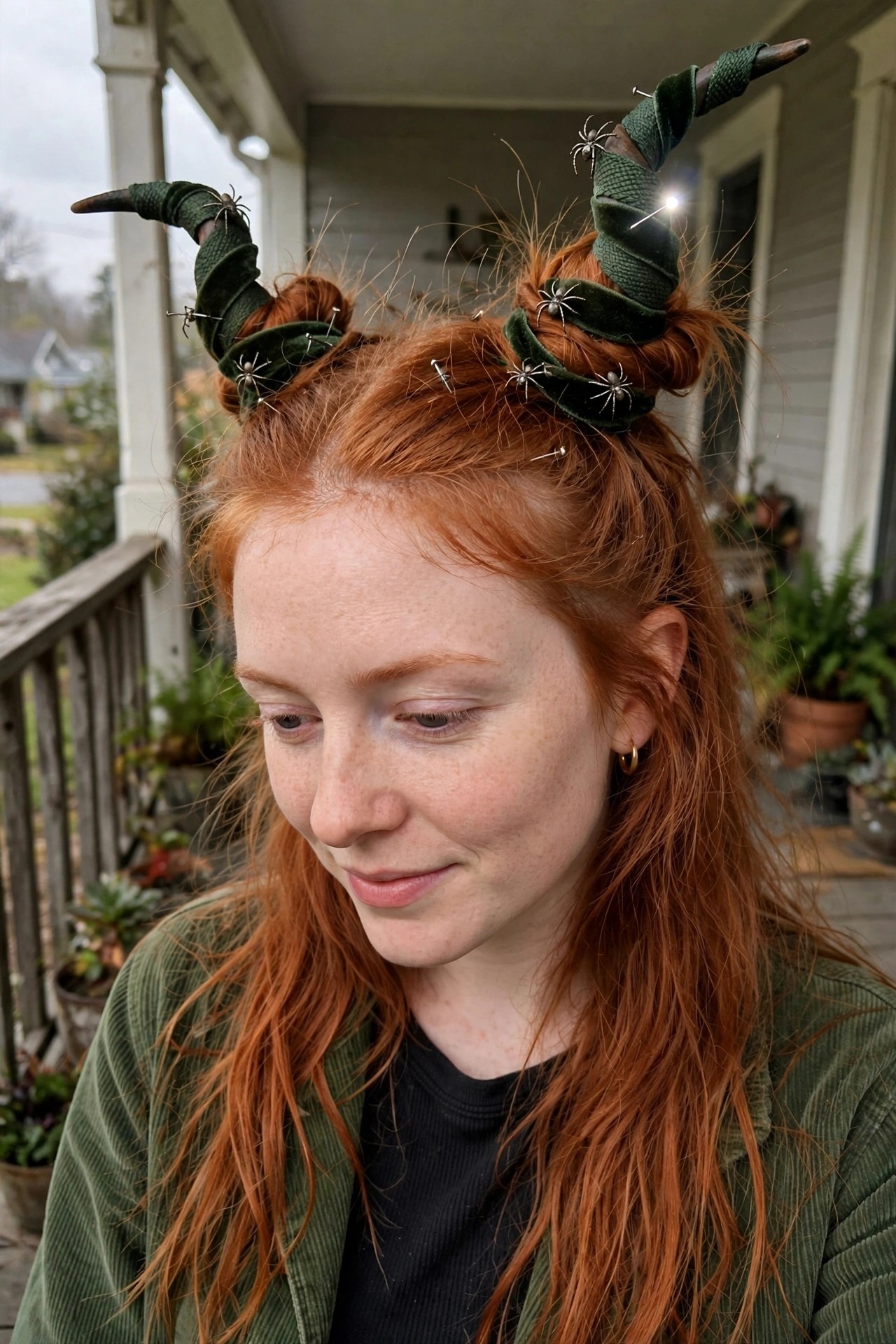 Red hair styled in two high buns wrapped with green velvet to form horn shapes, decorated with small silver spider pins.