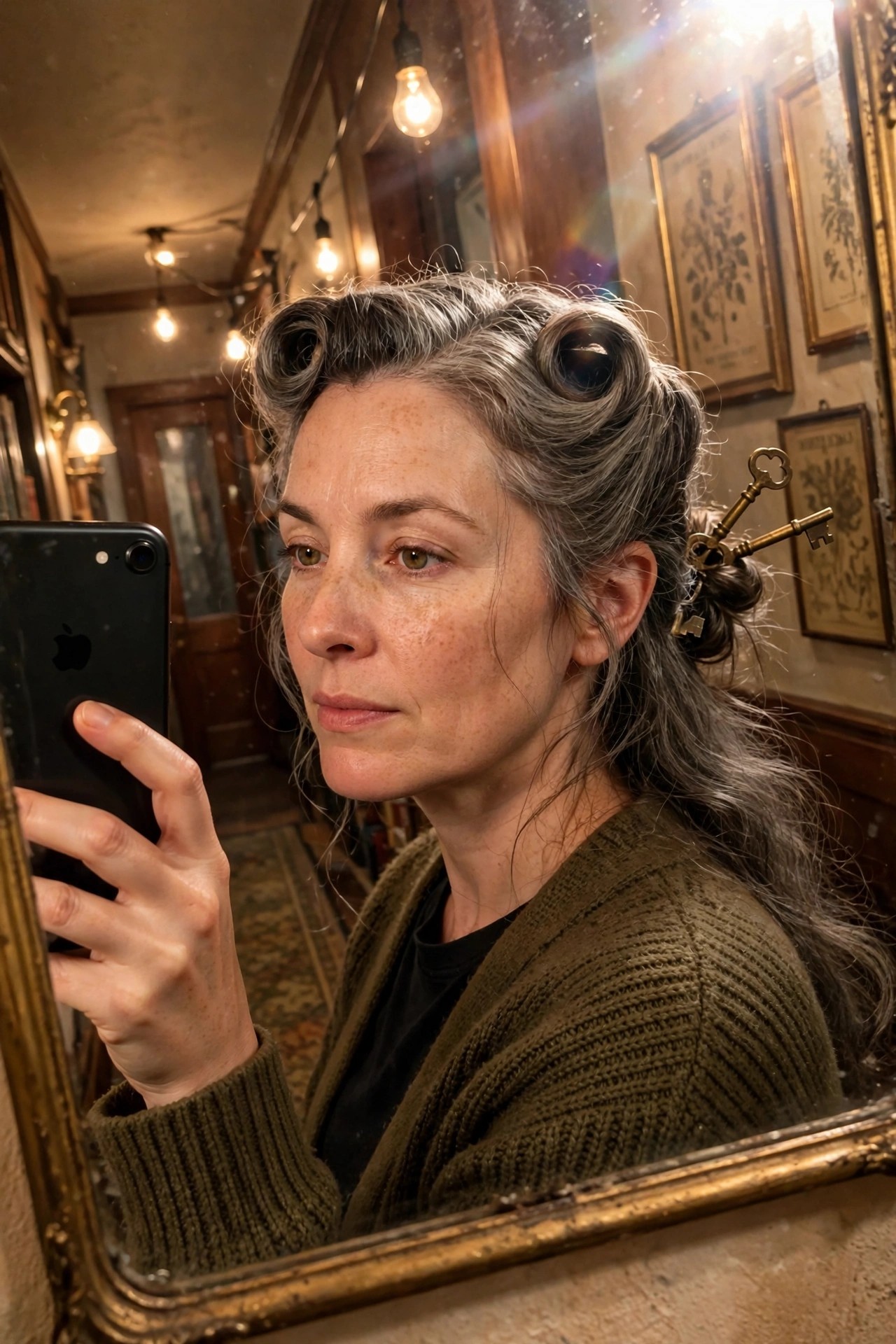 Woman with graying hair styled in two soft victory rolls at the crown, loose waves falling past the shoulders, and antique keys tucked into the side of the updo.