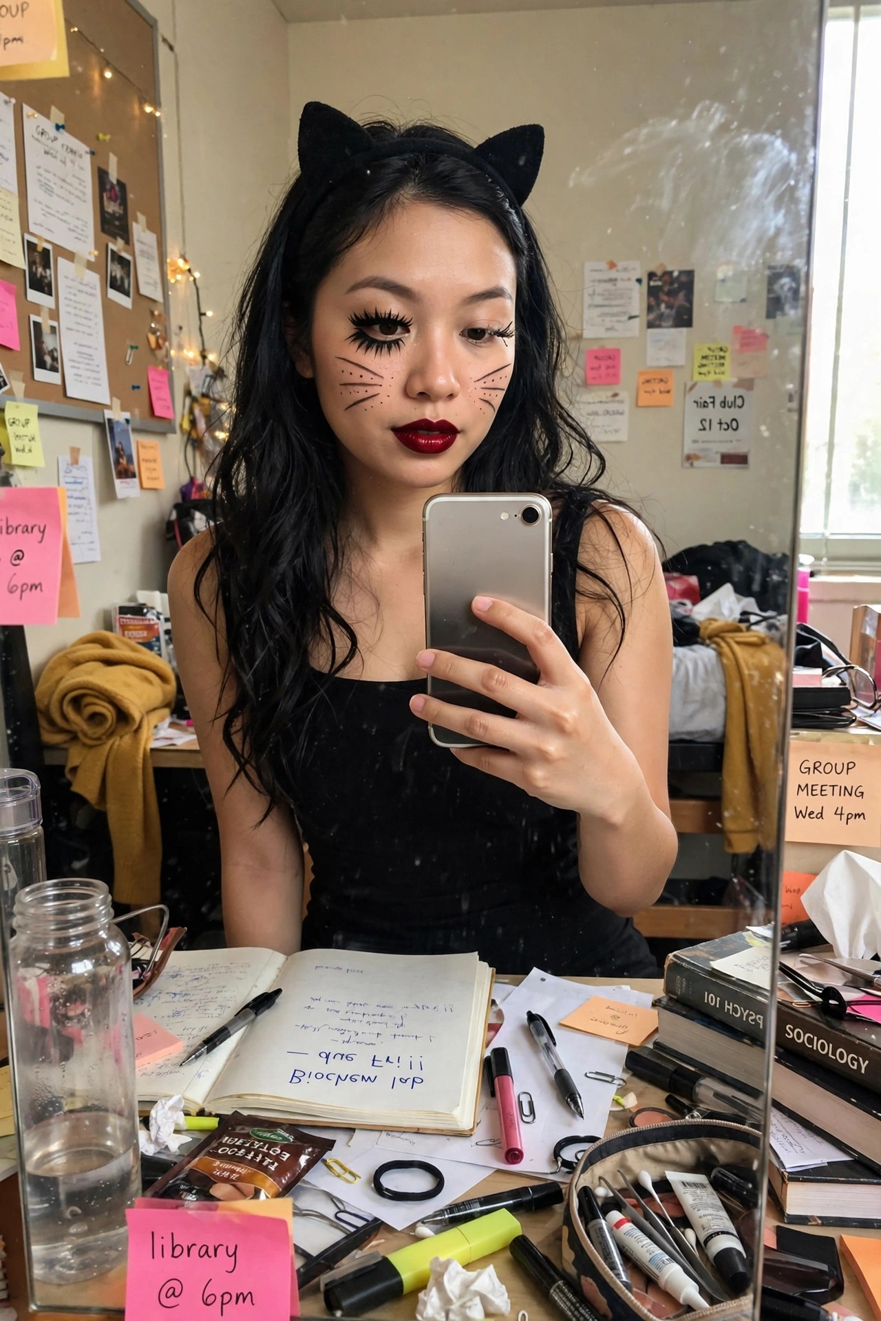Woman wearing black cat ears headband with drawn on whiskers and nose using black face paint, dark red lipstick, and black top for a simple cat costume.