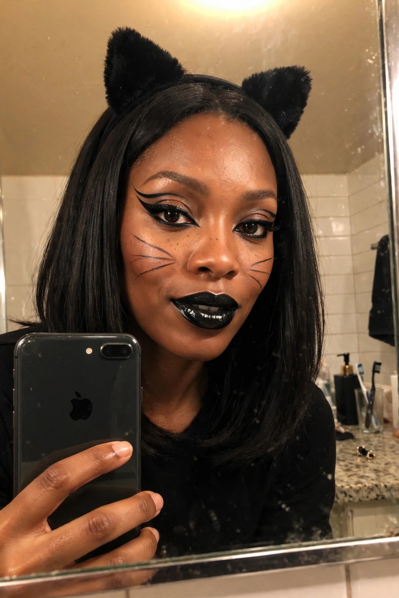 Woman wearing black cat ears headband with black whisker lines drawn on cheeks and glossy black lips for a cat costume.