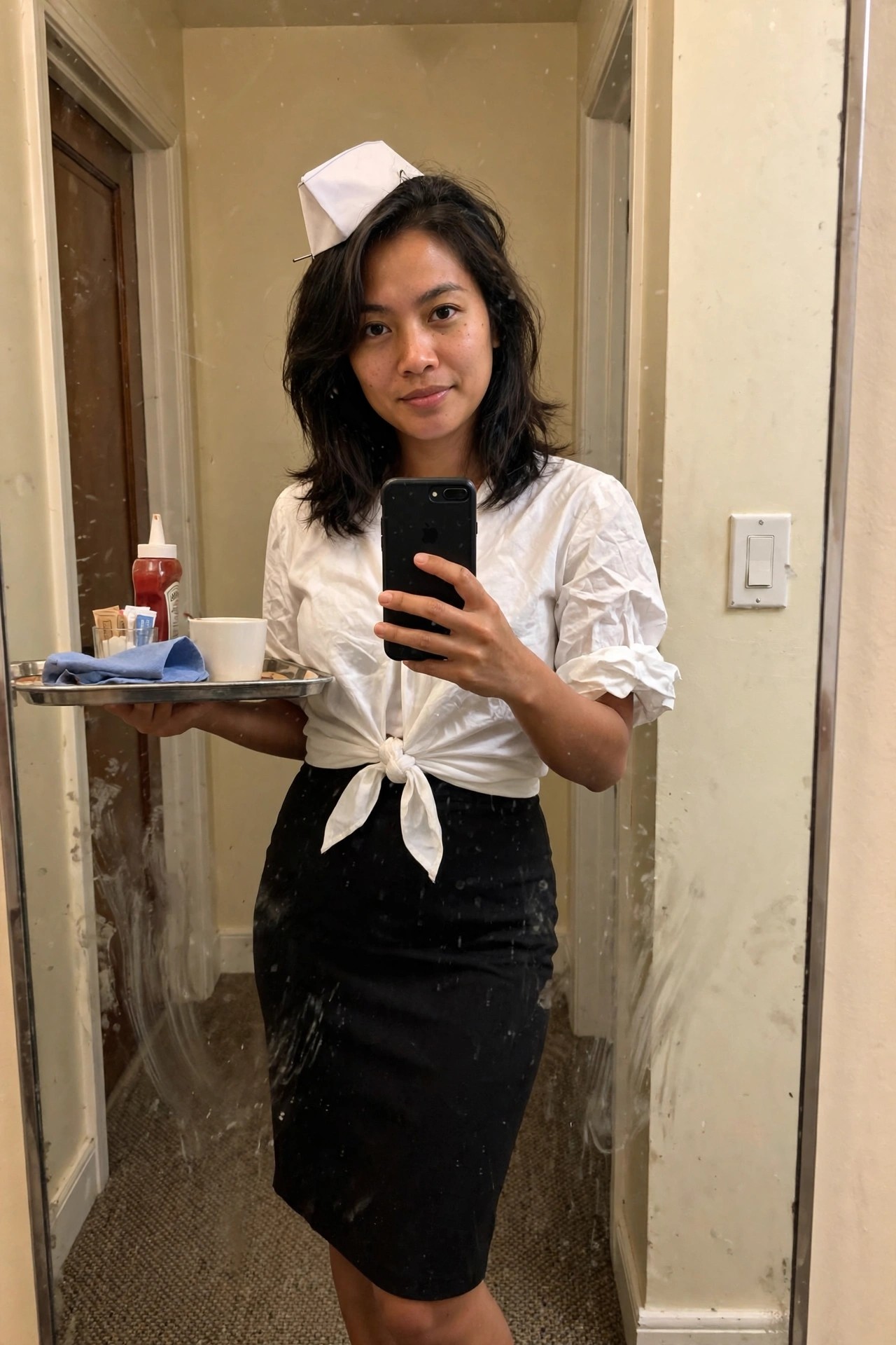 Woman taking a mirror selfie while wearing a simple diner waitress costume made from a white shirt tied at the waist, black skirt, paper hat, and holding a serving tray with coffee and condiments.