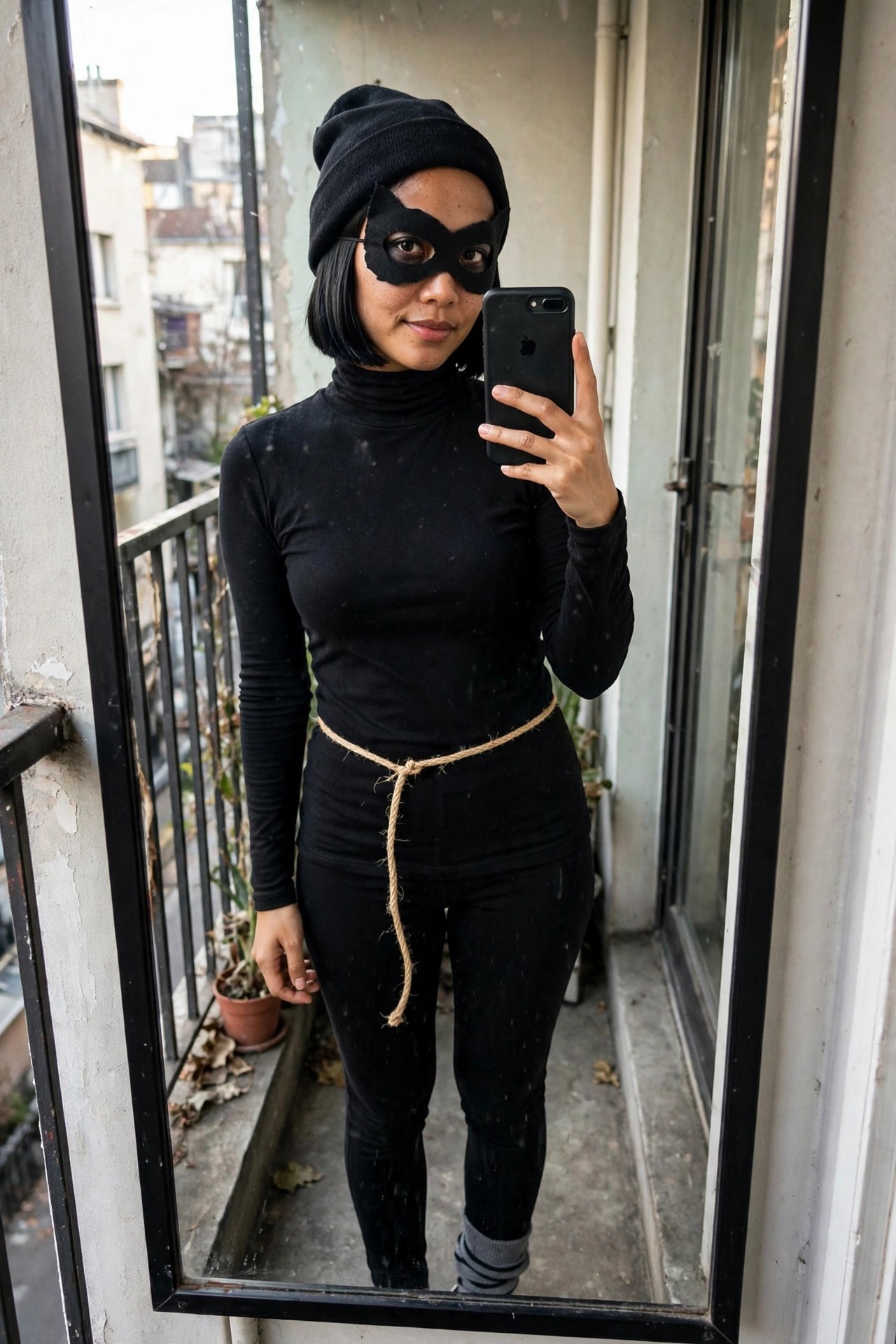 Woman wearing a simple ninja costume made from black clothing, eye mask, beanie, and rope tied around the waist while taking a mirror selfie.