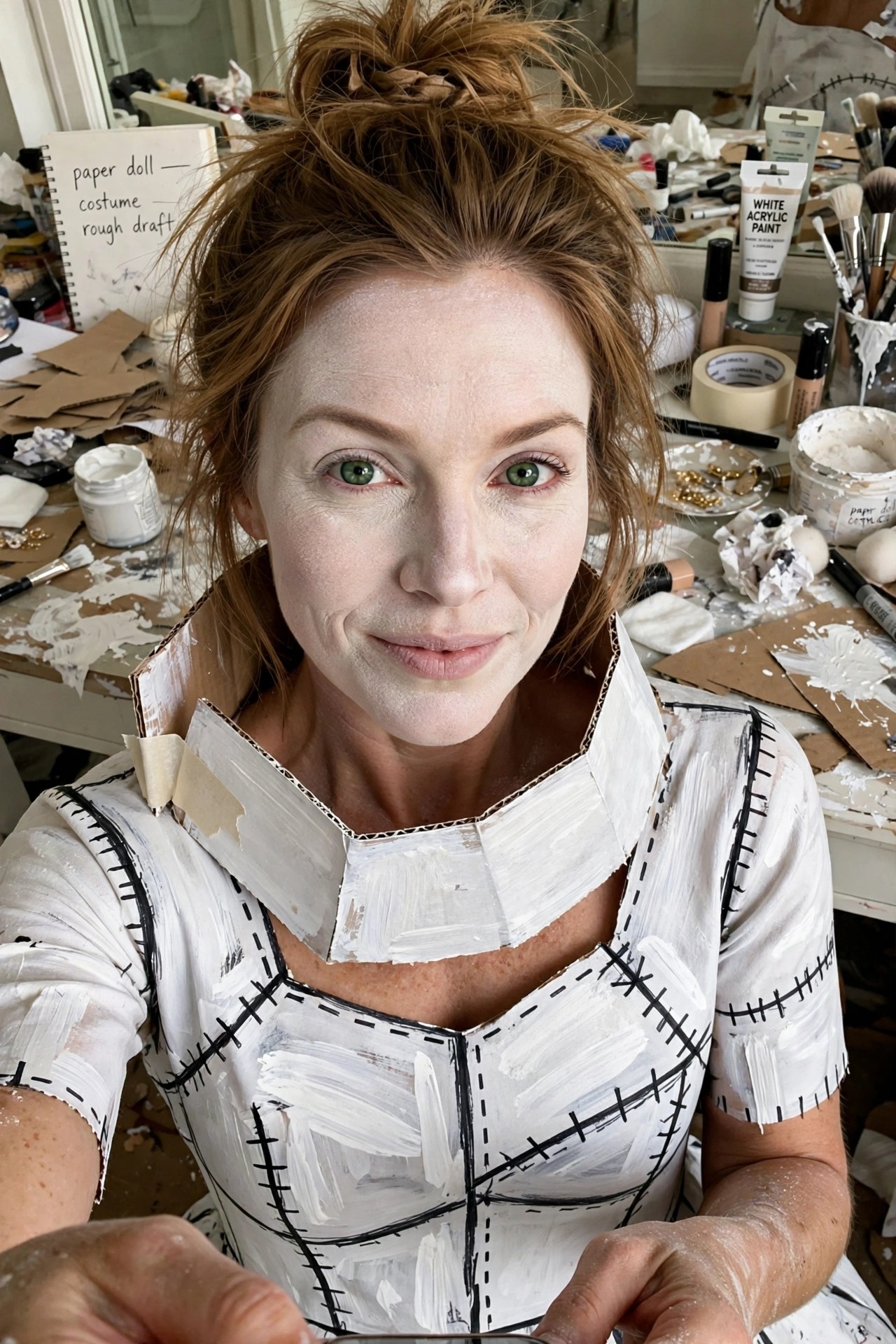 Woman wearing a DIY paper doll costume made from white painted cardboard with black dashed stitch lines forming a high collar and bodice.