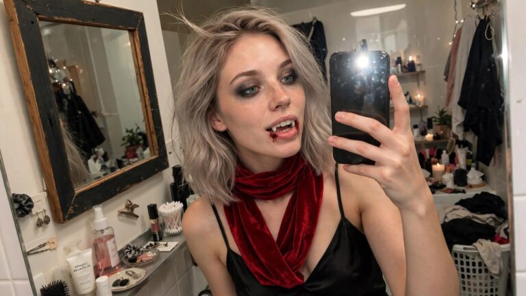 23 Easy Last Minute Halloween Costume Ideas You Can Throw Together Fast Woman wearing a vampire costume with plastic fangs, fake blood at the mouth, black slip dress, and red velvet scarf around the neck.