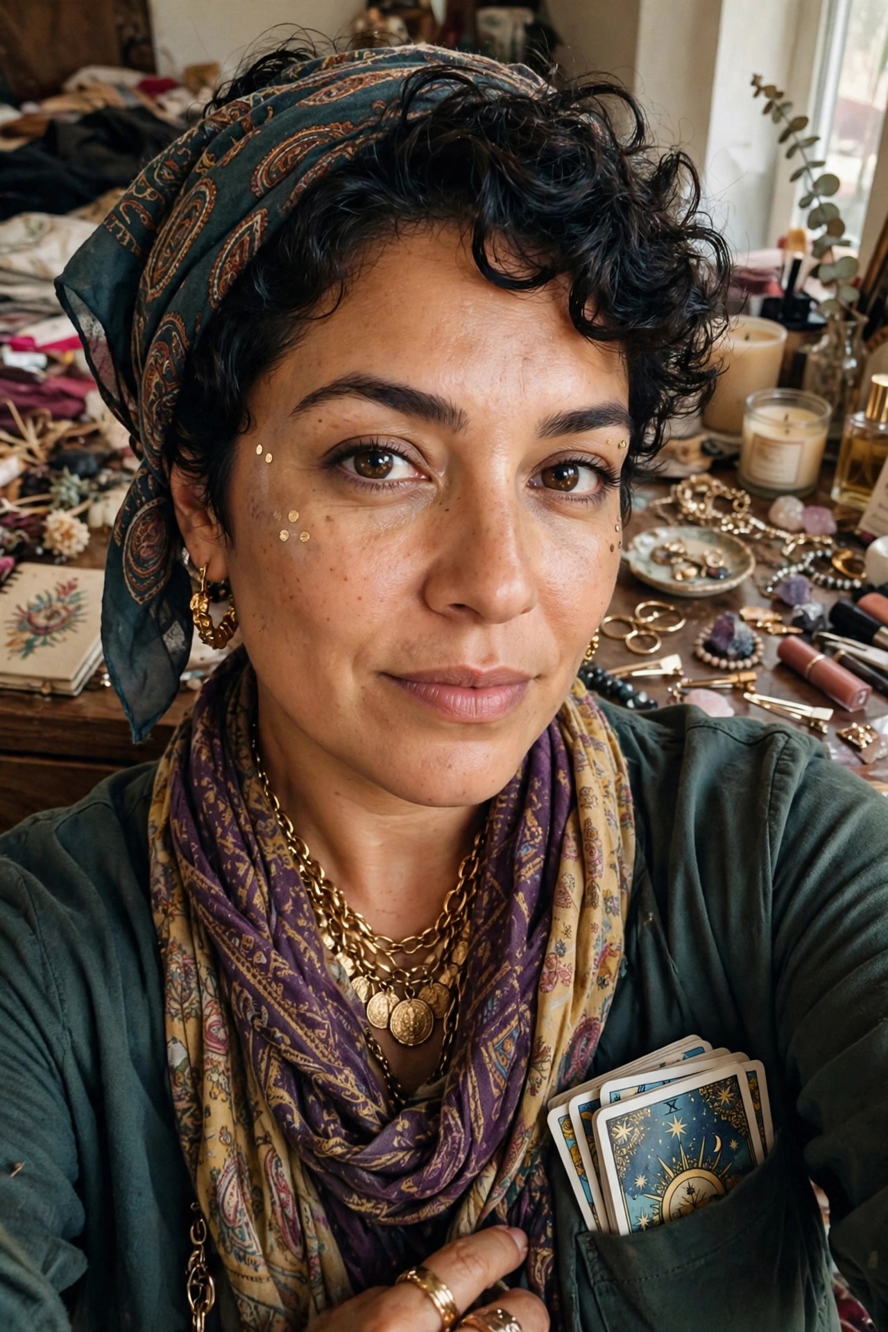 Close up of a woman wearing a dark green headscarf, layered gold coin necklaces, and a green shirt with tarot cards visible in the pocket, styled as a fortune teller costume.