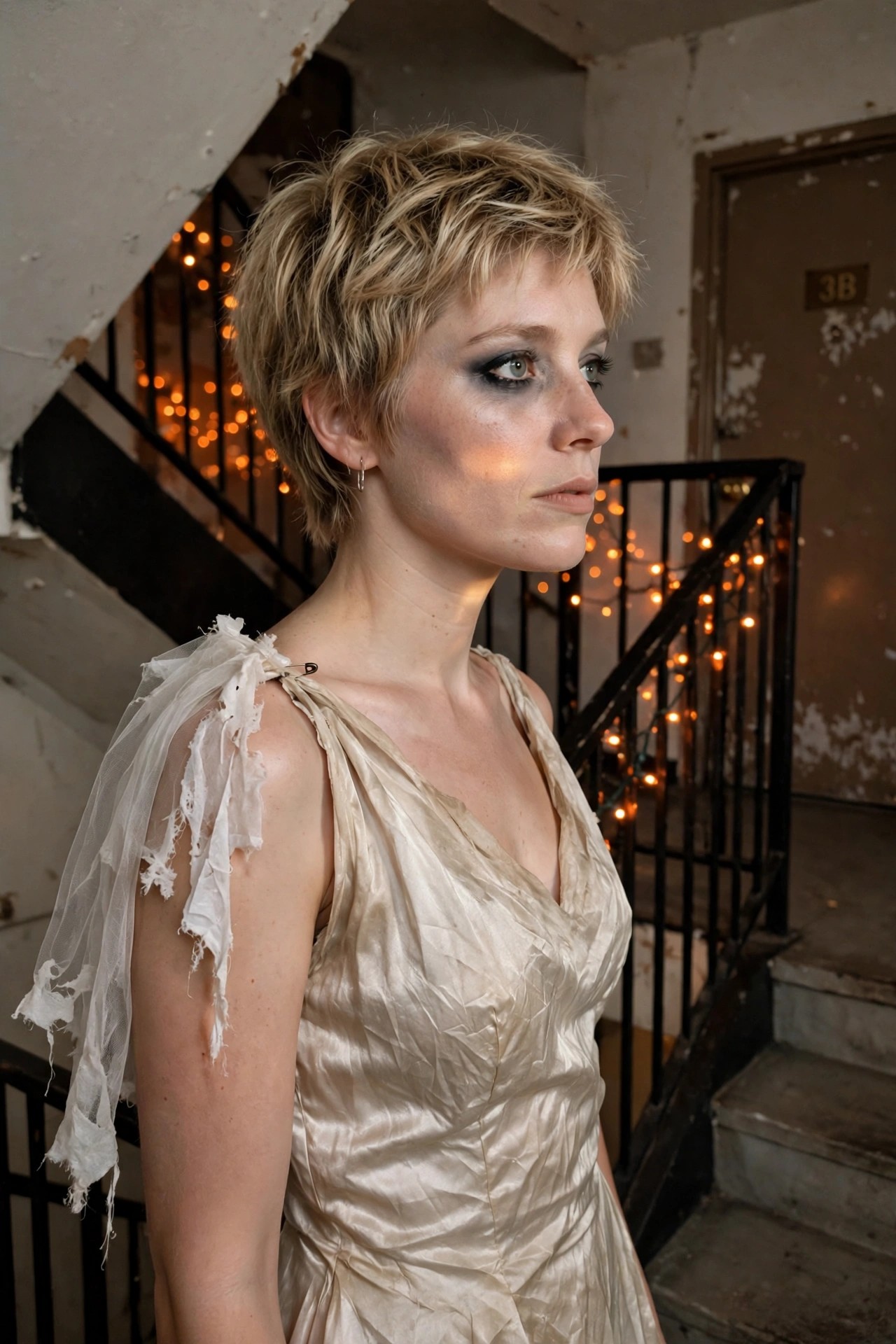 Woman wearing a torn ivory satin dress with safety pins and hanging tulle scraps on one shoulder, styled as a ghost bride costume.