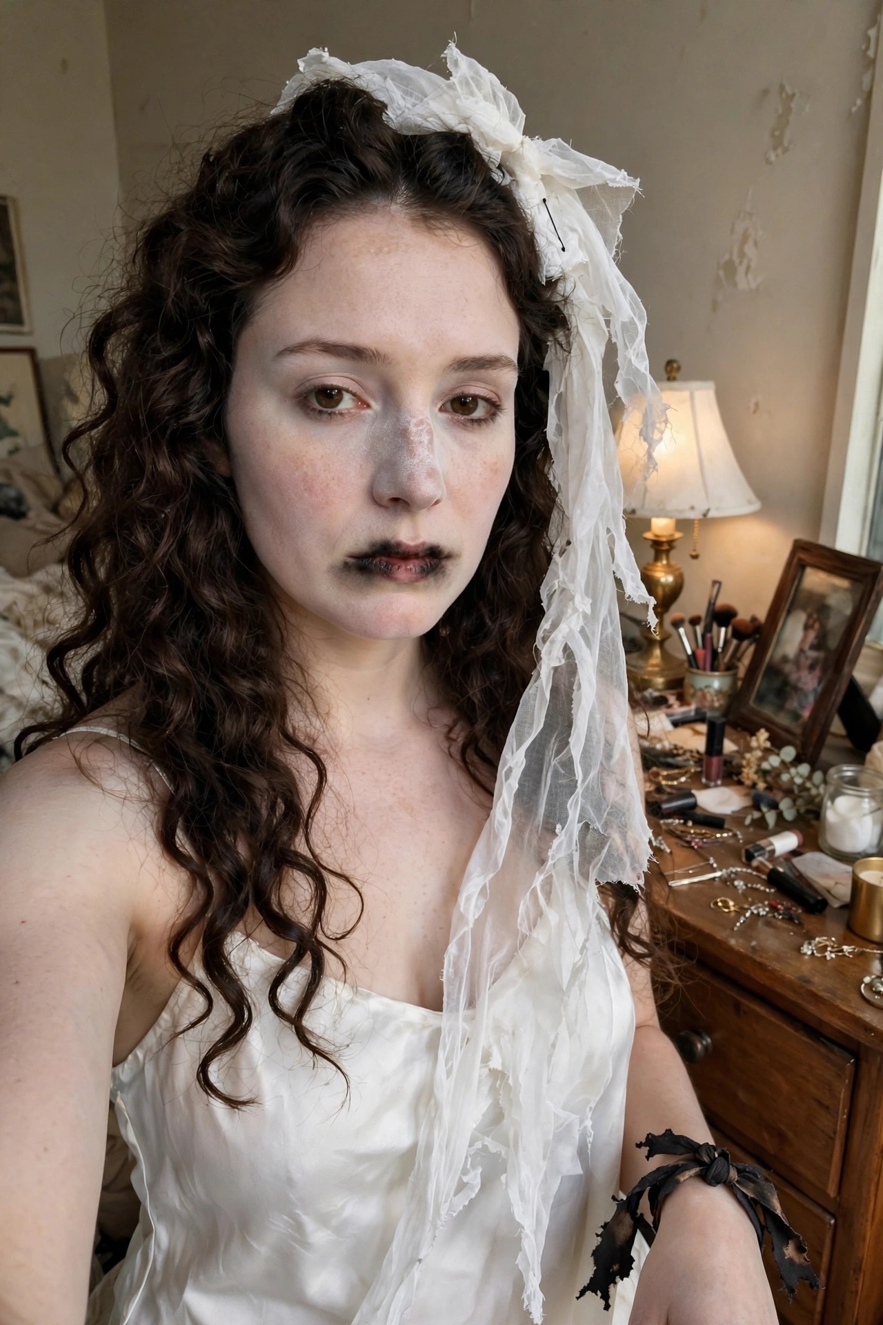 Woman wearing a torn white slip dress with a makeshift white veil pinned in dark curly hair, black makeup around the mouth, and white powder on the face as a ghost bride costume.