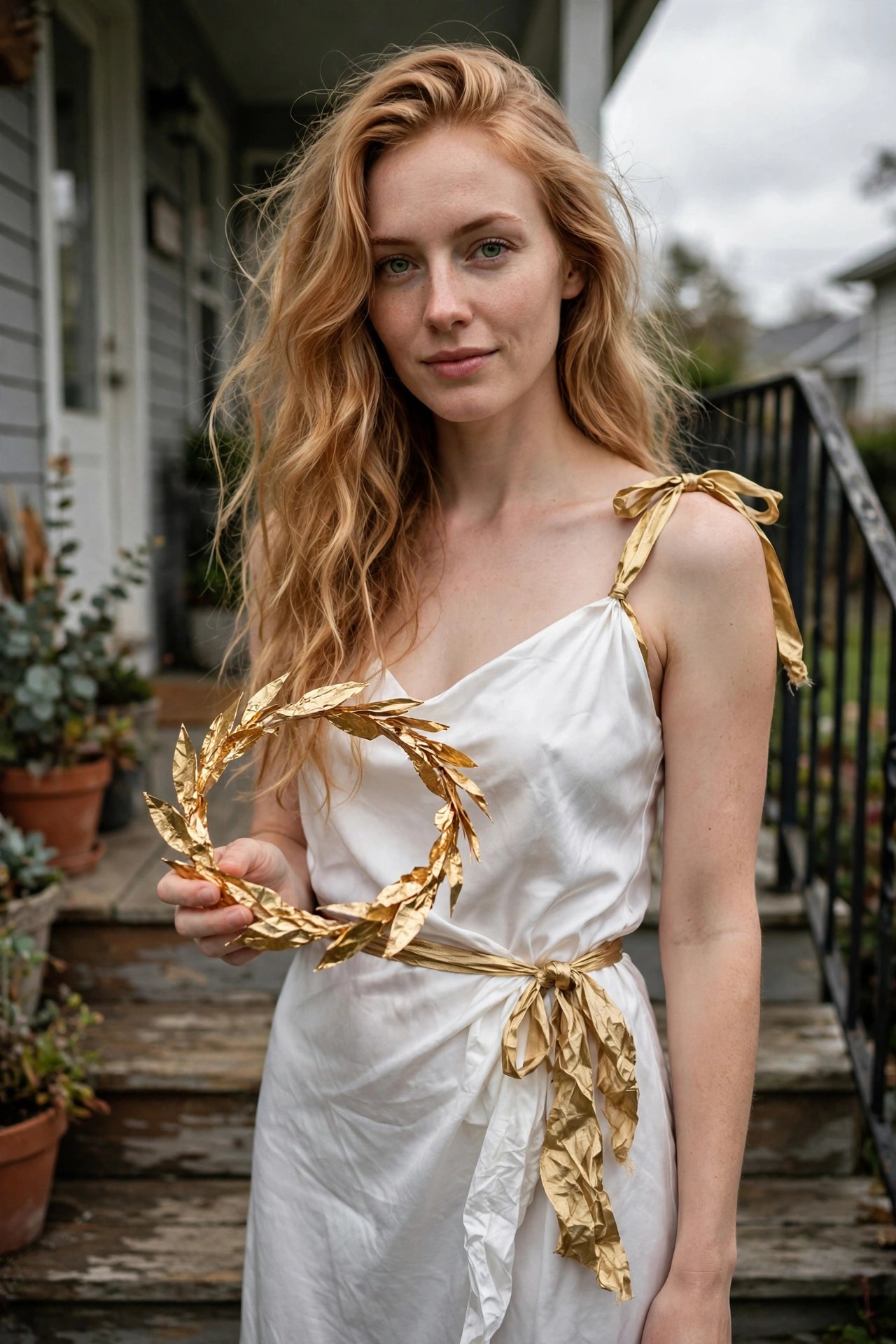 Woman in a white draped dress with gold fabric ties holding a gold laurel wreath for a Greek goddess costume.