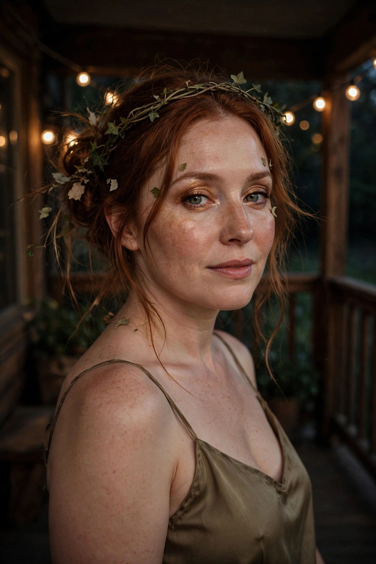 Woman wearing an ivy leaf crown in an updo with scattered leaves, gold eyeshadow, and an olive satin camisole for a woodland nymph costume.
