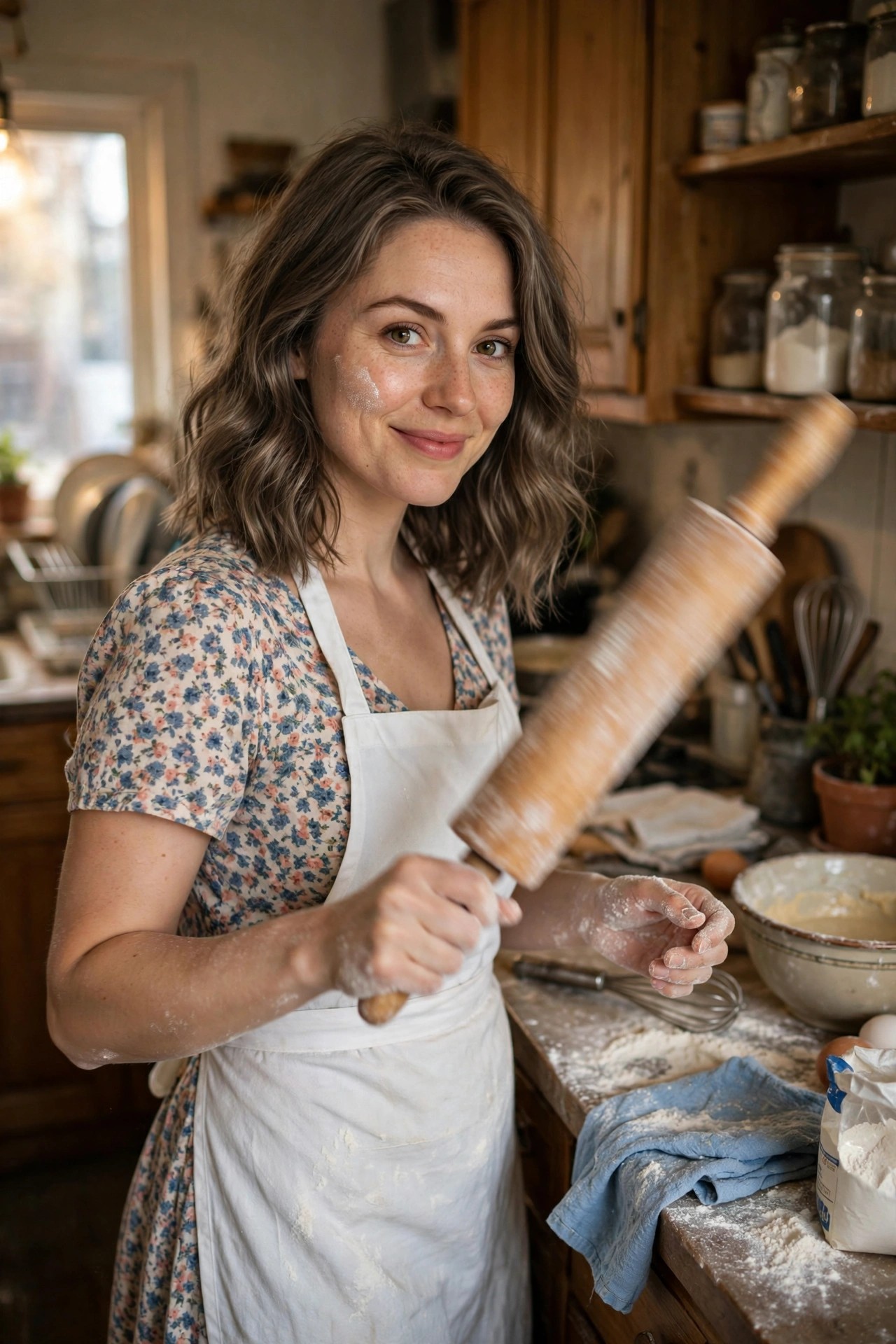 Woman in a floral dress and white apron holding a flour covered rolling pin, with flour on her face and hands, standing in a kitchen.