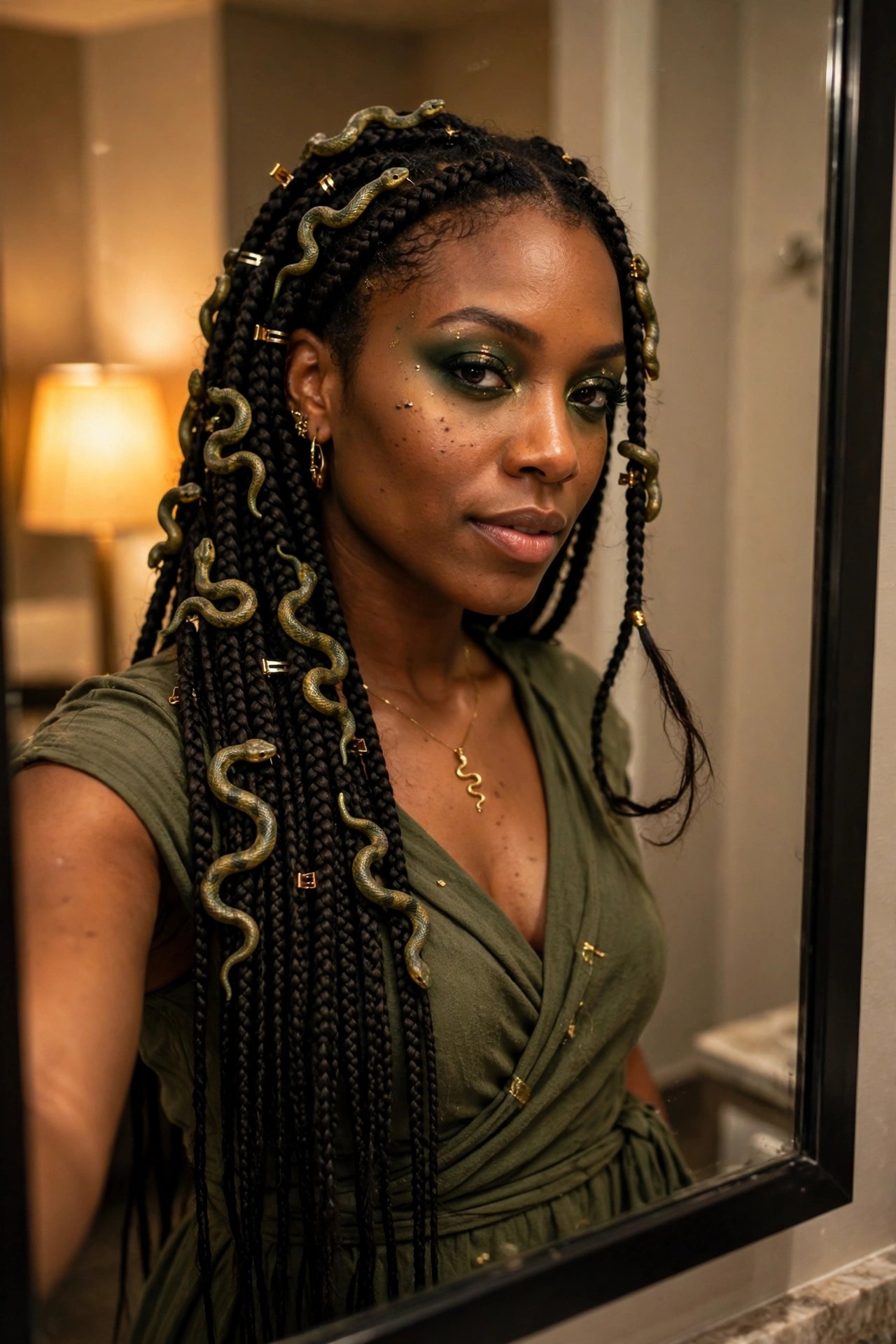 Woman wearing a Medusa costume with long black braids woven with multiple small green and gold snake figures plus green smoky eye makeup and a green wrap dress.