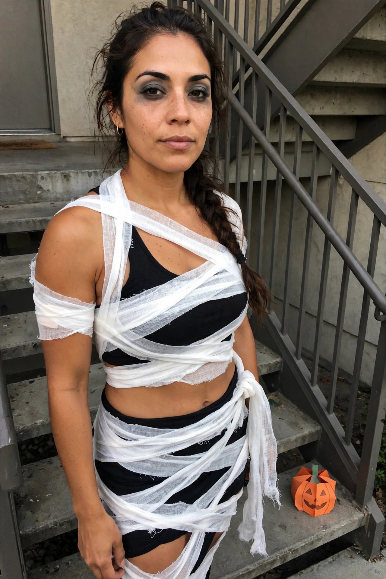 Woman wearing a mummy costume made from white gauze strips wrapped over a black tank top and leggings, with dark eye makeup and a side braid.