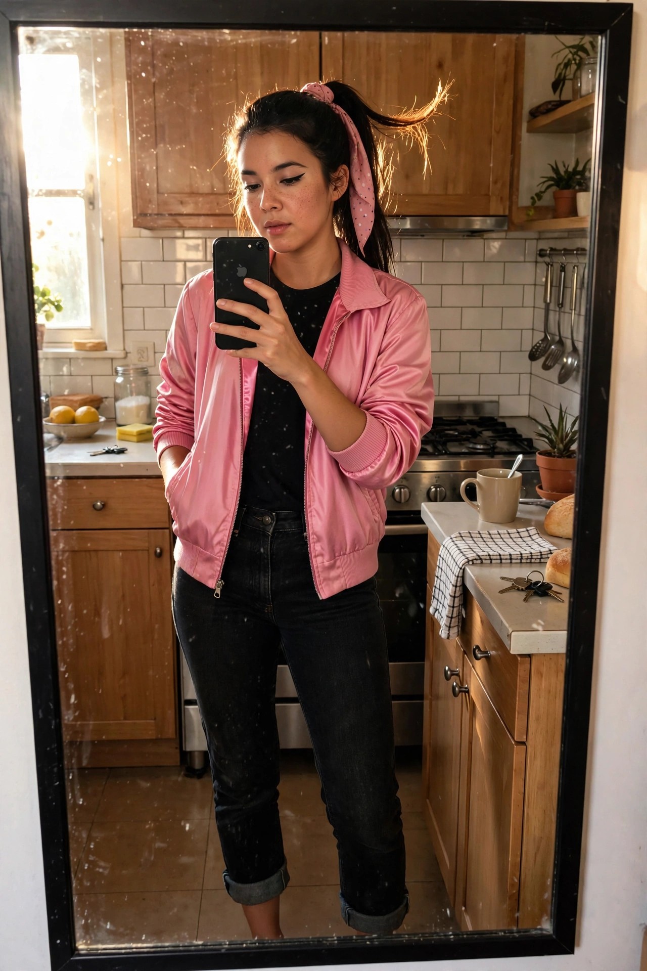 Woman taking a mirror selfie in a kitchen wearing a pink satin bomber jacket, black t-shirt, and black jeans with hair in a high ponytail tied by a pink polka dot scarf.