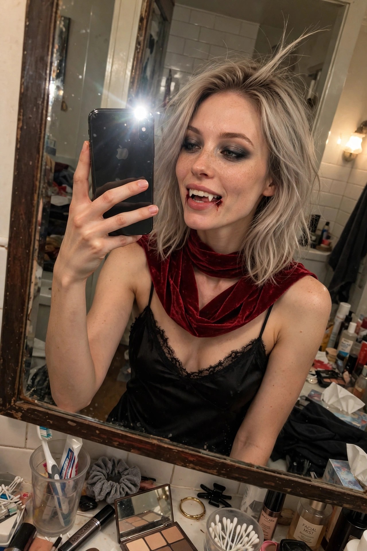 Woman wearing a vampire costume with plastic fangs, fake blood at the mouth, black slip dress, and red velvet scarf around the neck.