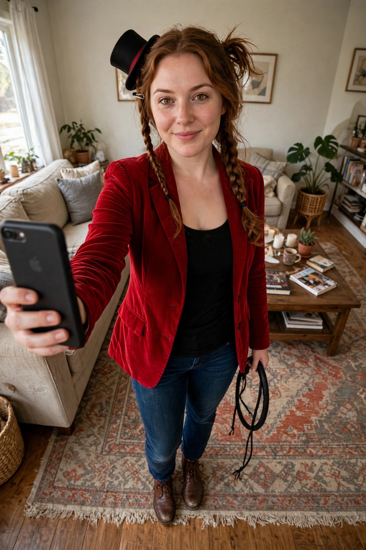 Woman wearing a small black top hat with red trim, red velvet blazer, black top, and jeans while holding a black whip for a ringmaster costume.
