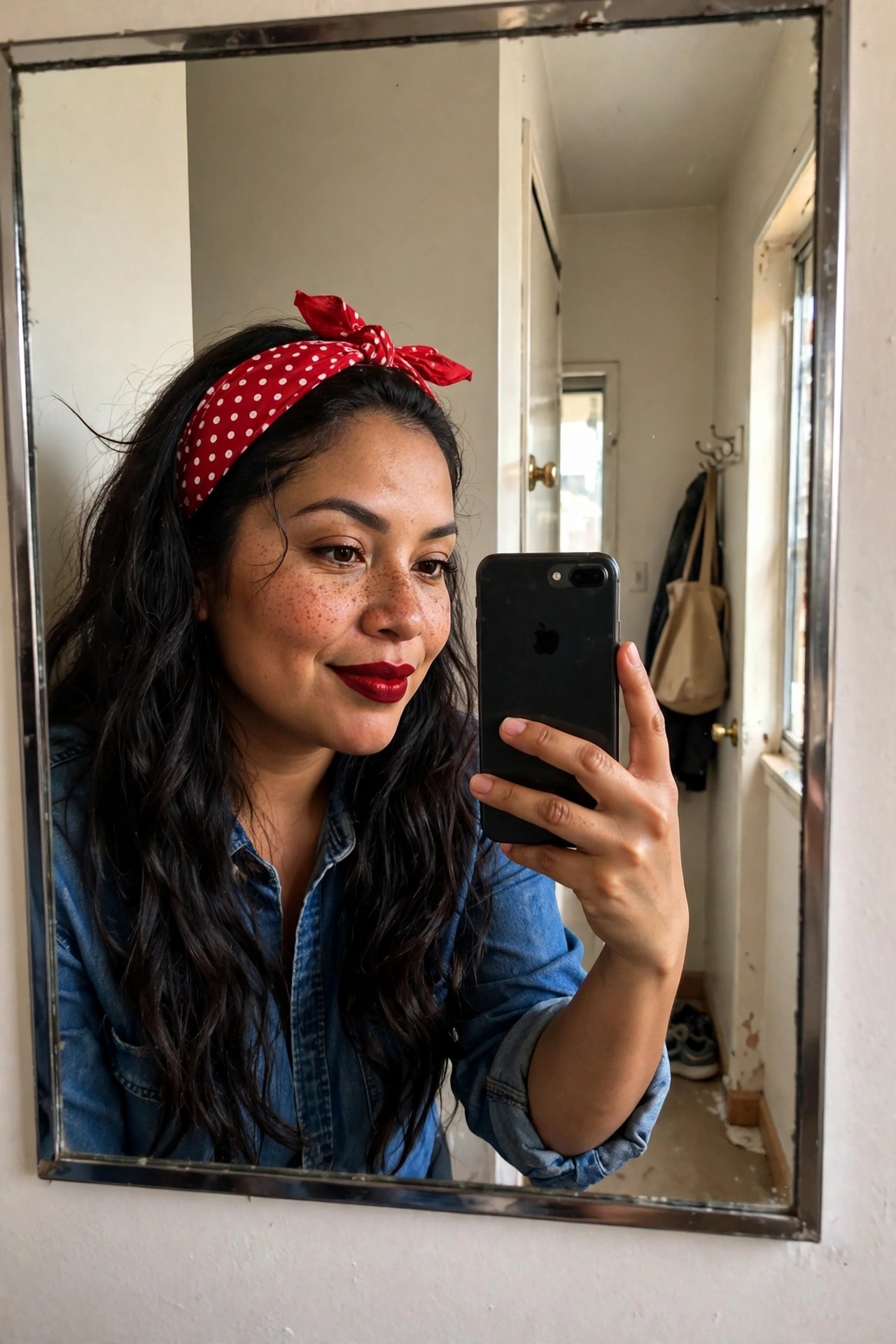 Woman in denim jacket and shirt wearing a red polka dot bandana tied on her head with bold red lipstick, taking a mirror selfie.