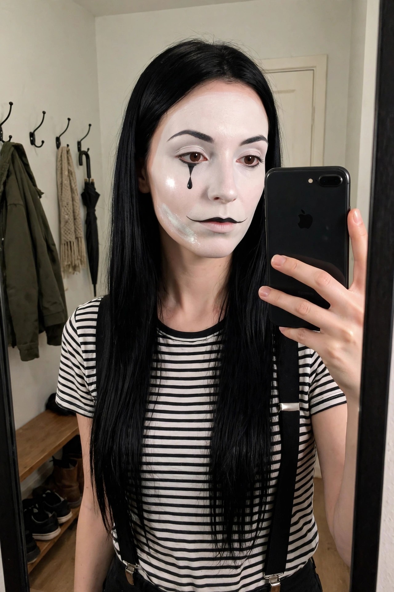 Woman wearing white face paint with black teardrop, arched brows, and downturned mouth, paired with a black and white striped shirt and black suspenders for a sad clown costume.