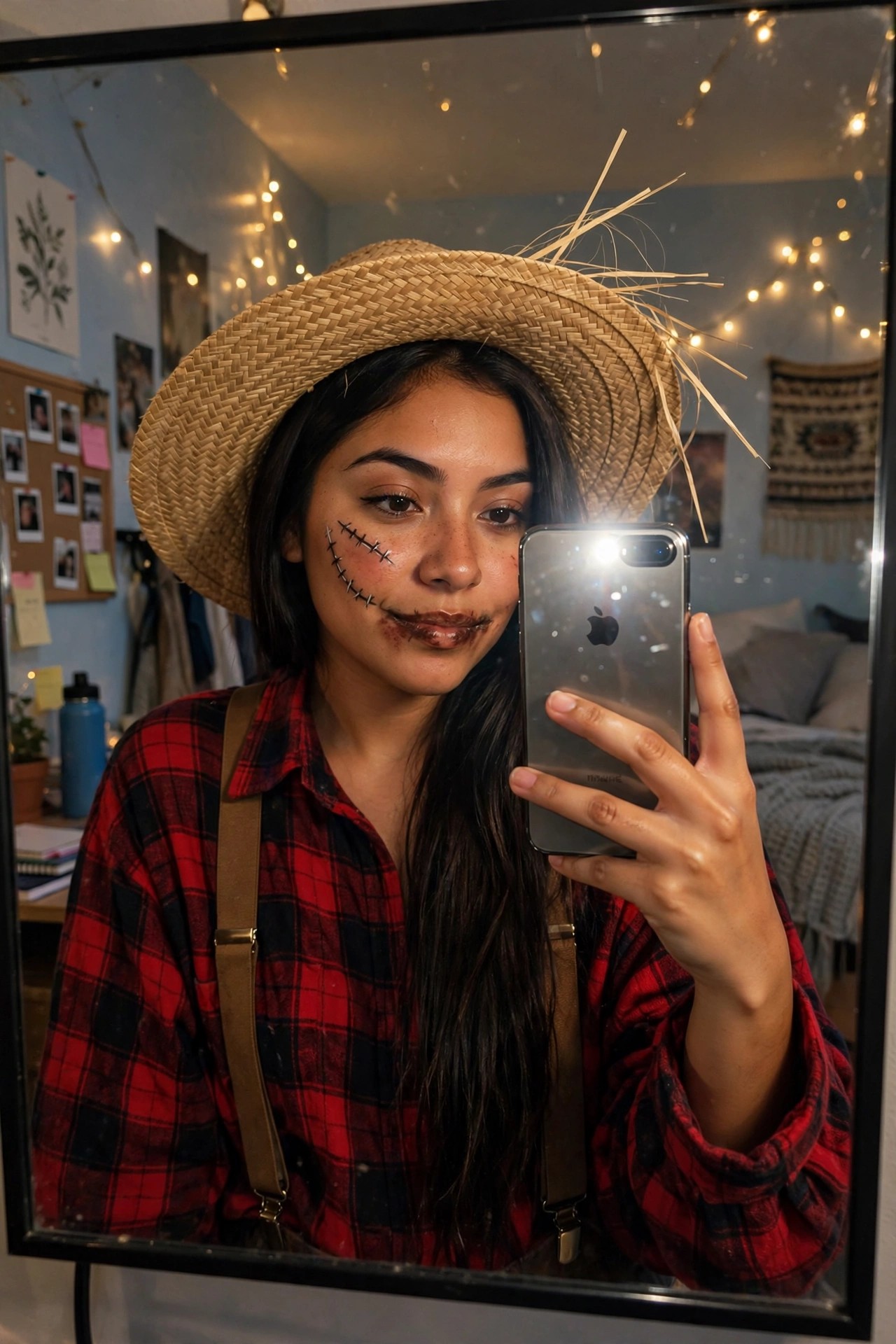 Woman wearing a scarecrow costume with a straw hat, stitched cheek makeup, red and black plaid shirt, and brown suspenders.