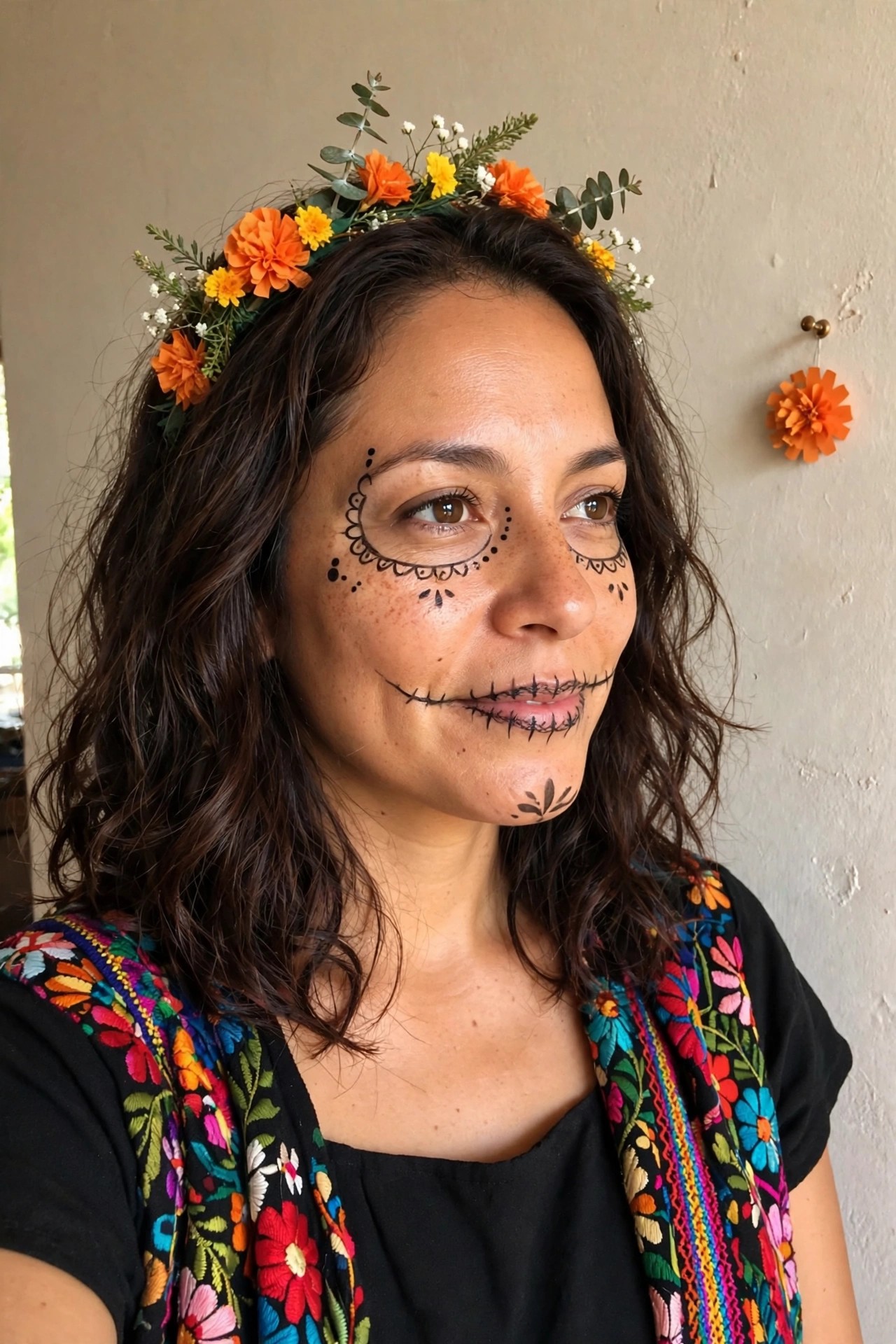 Woman wearing sugar skull face paint with black eye sockets, stitched mouth lines, and a marigold flower crown.