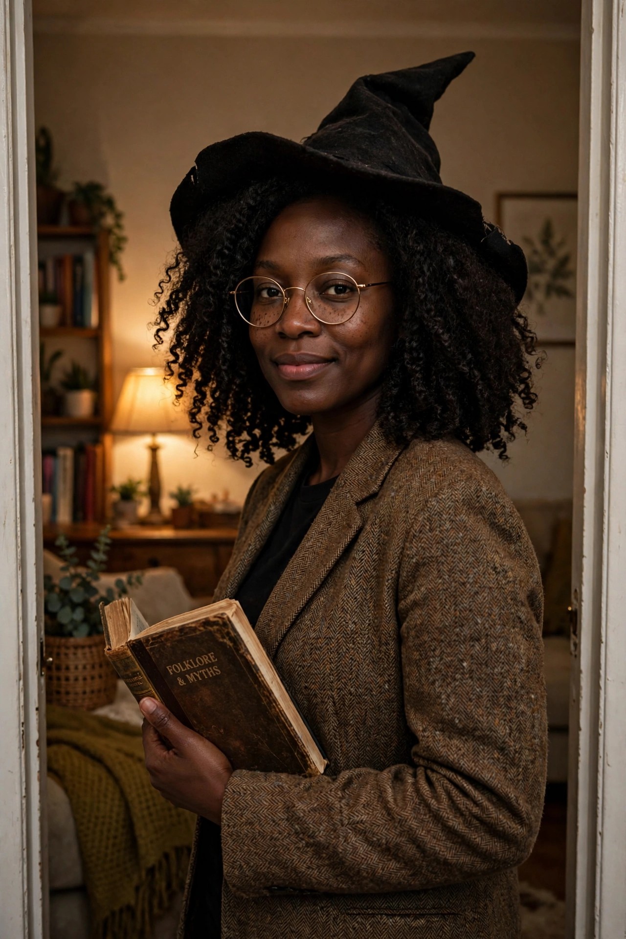 Woman wearing a black pointed witch hat and holding an open book titled Folklore & Myths, dressed in a brown tweed blazer over a black top.