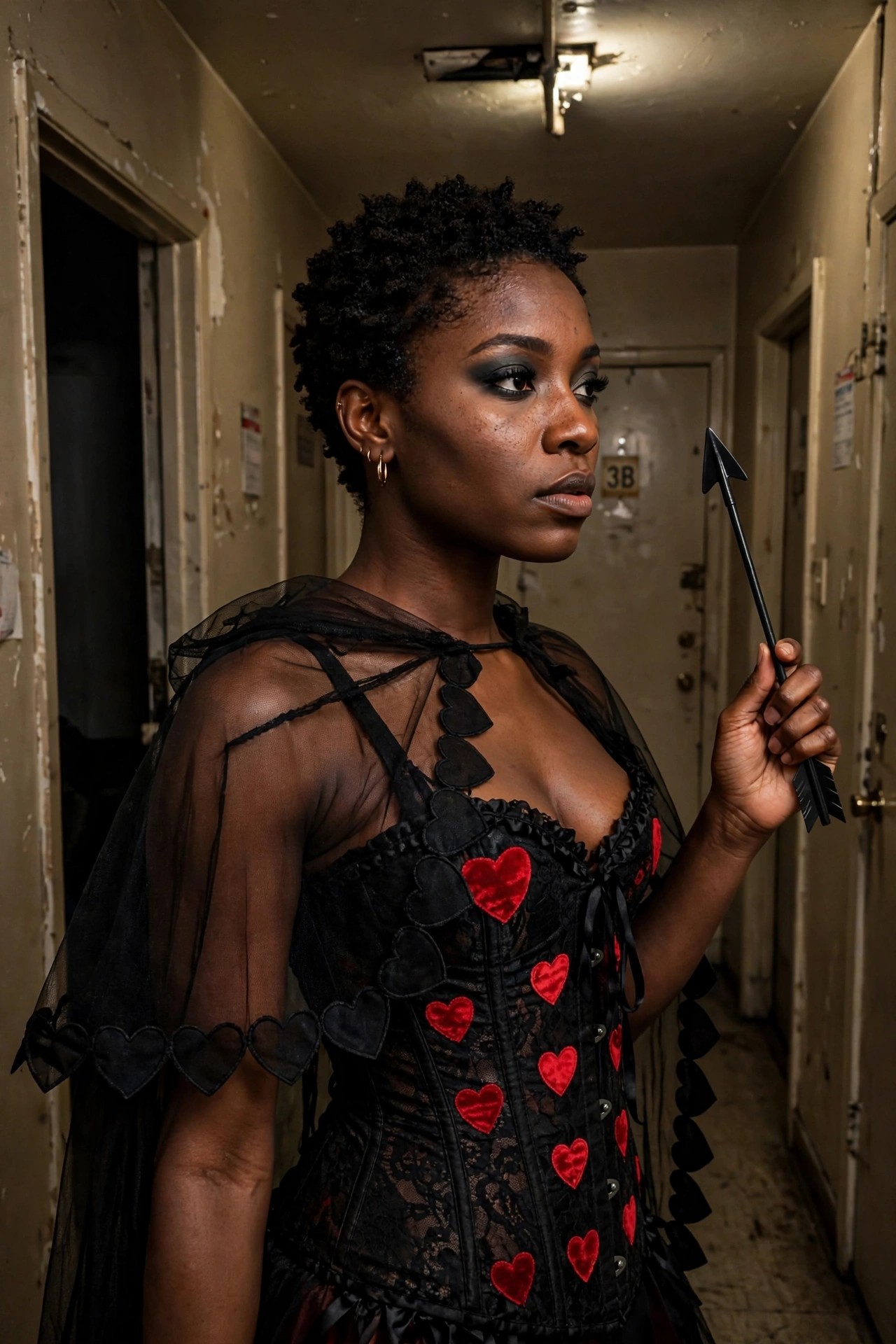 Woman wearing a black corset decorated with red velvet hearts and a sheer black cape with heart cutouts while holding a black arrow prop.