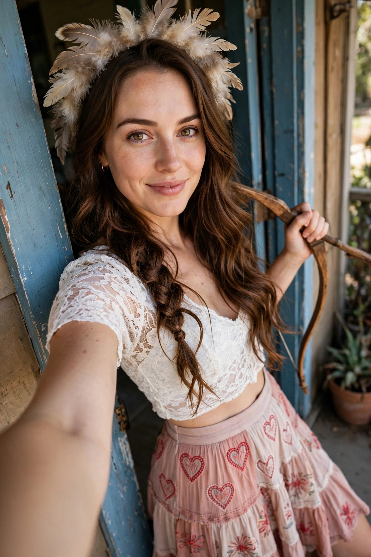 Woman wearing a Cupid costume with a feather headpiece, white lace crop top, pink heart patterned skirt, and holding a small wooden bow.