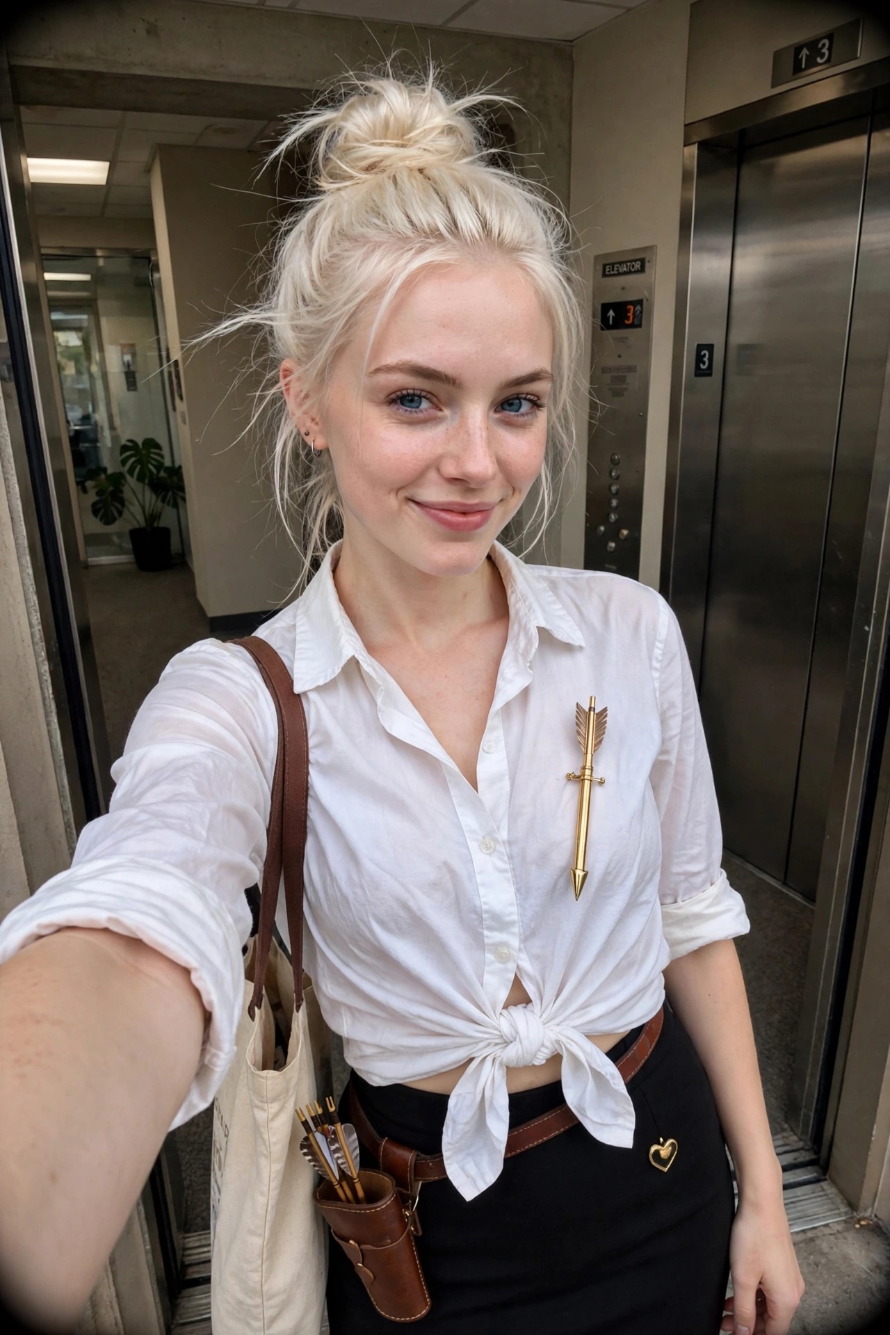 Woman wearing a white tied button down shirt with a gold arrow brooch, black skirt, brown belt, and leather quiver holding arrows as a Cupid costume.