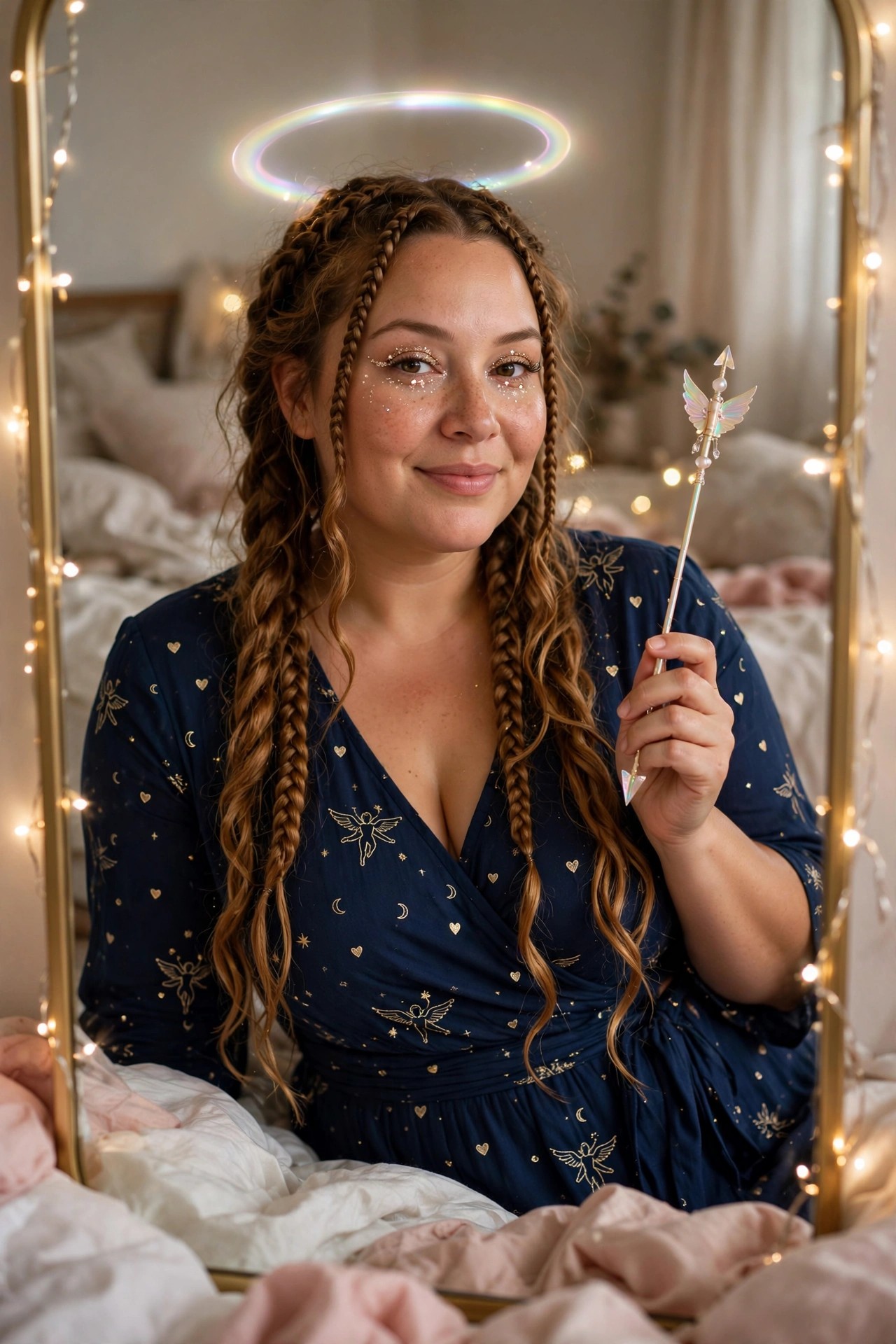 Woman wearing a navy blue cupid costume with gold angel and heart prints, holding a winged arrow prop, with a glowing halo effect above her head and glitter on her face.