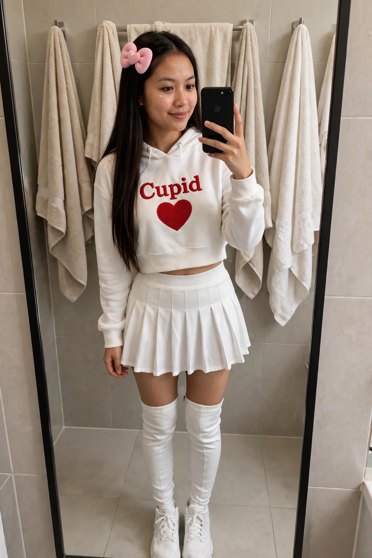 Woman wearing a white cropped hoodie with red Cupid text and heart, white pleated mini skirt, white thigh-high boots, and white sneakers, with a pink bow in long dark hair.