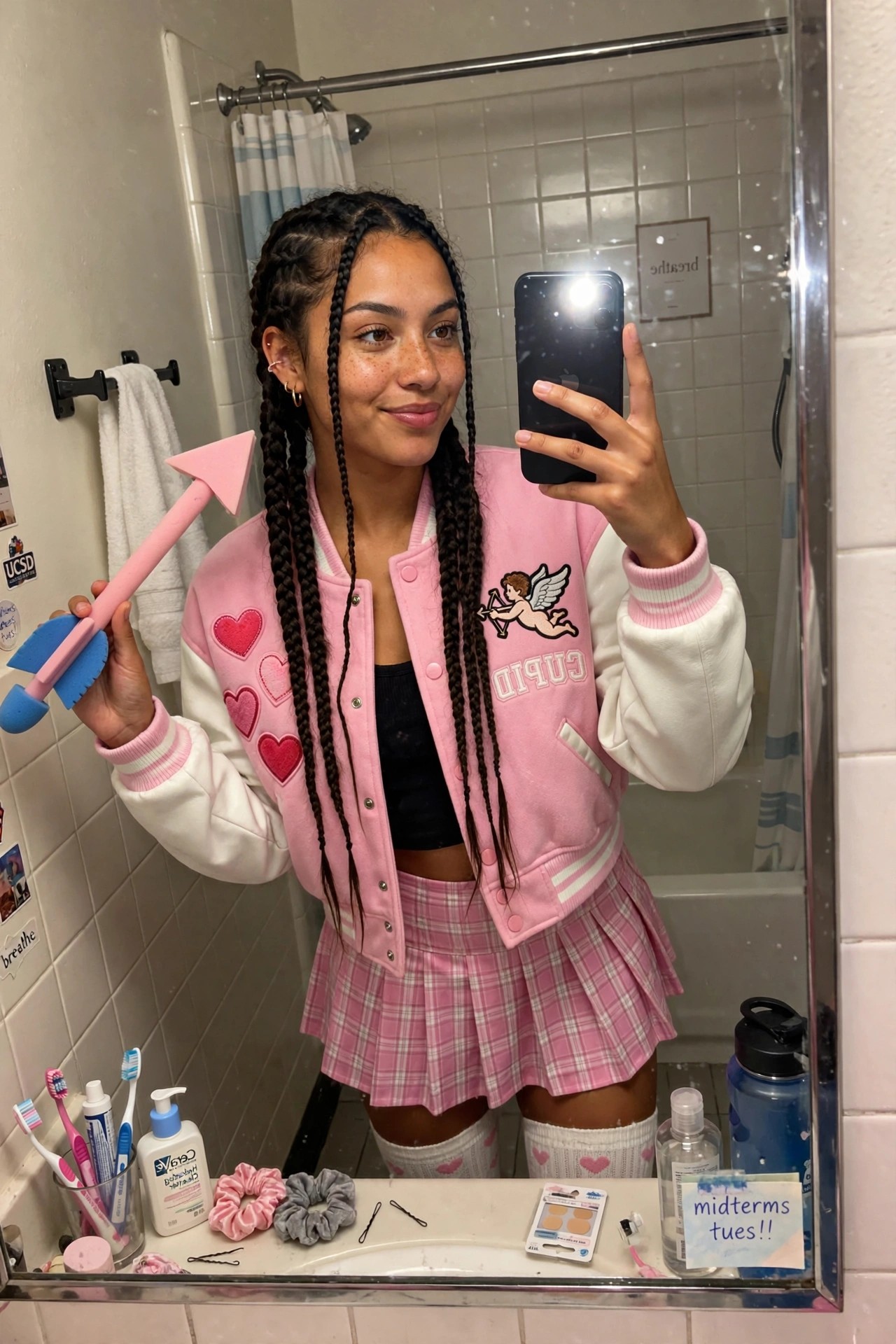 Woman wearing a pink and white varsity jacket with Cupid embroidery and heart patches, pink plaid skirt, and holding a large pink arrow prop.