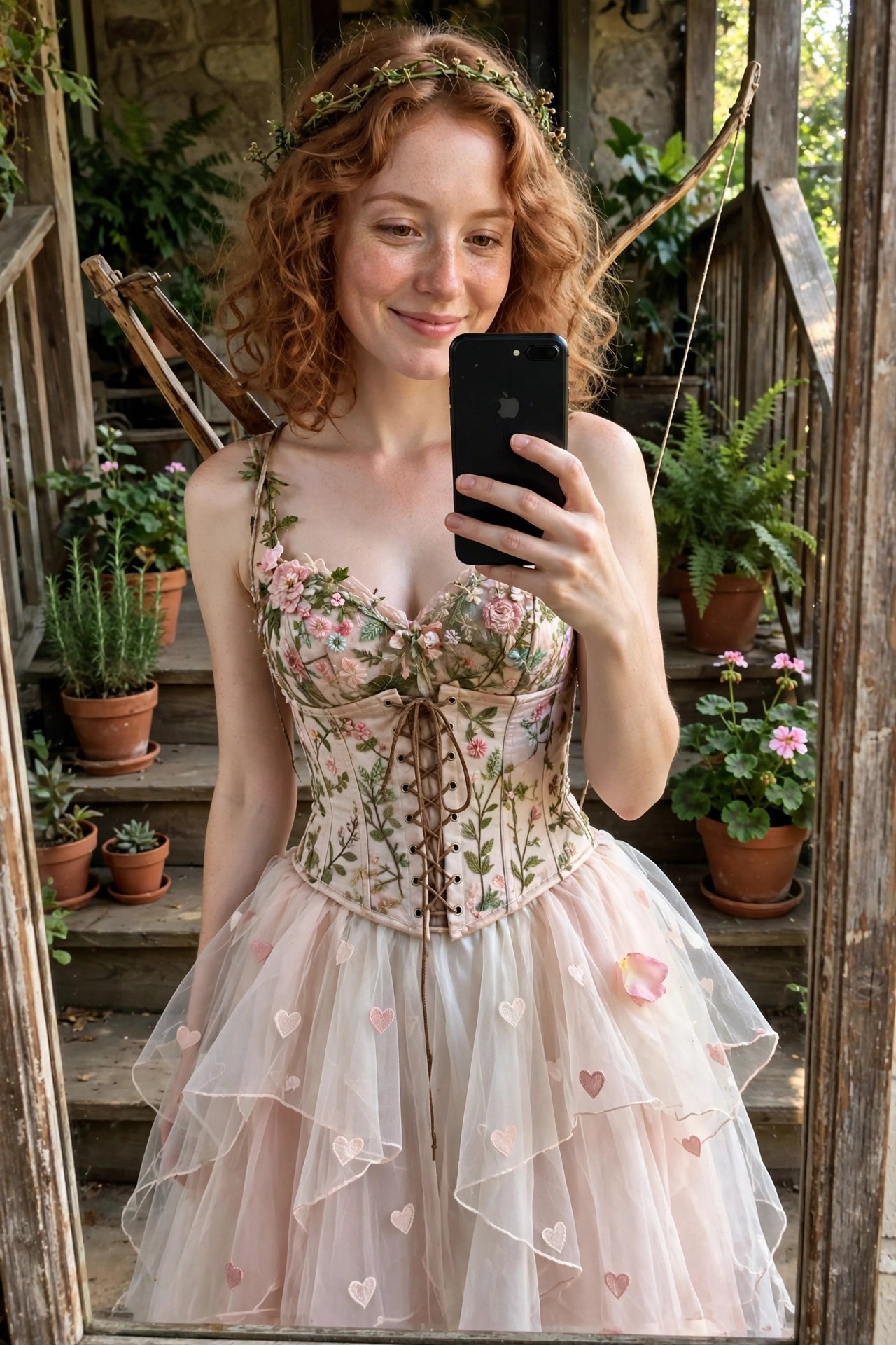 Woman wearing a floral embroidered corset with a pink heart tulle skirt, holding a black phone, with a wooden bow and arrow prop over her shoulder and a floral crown in her hair.