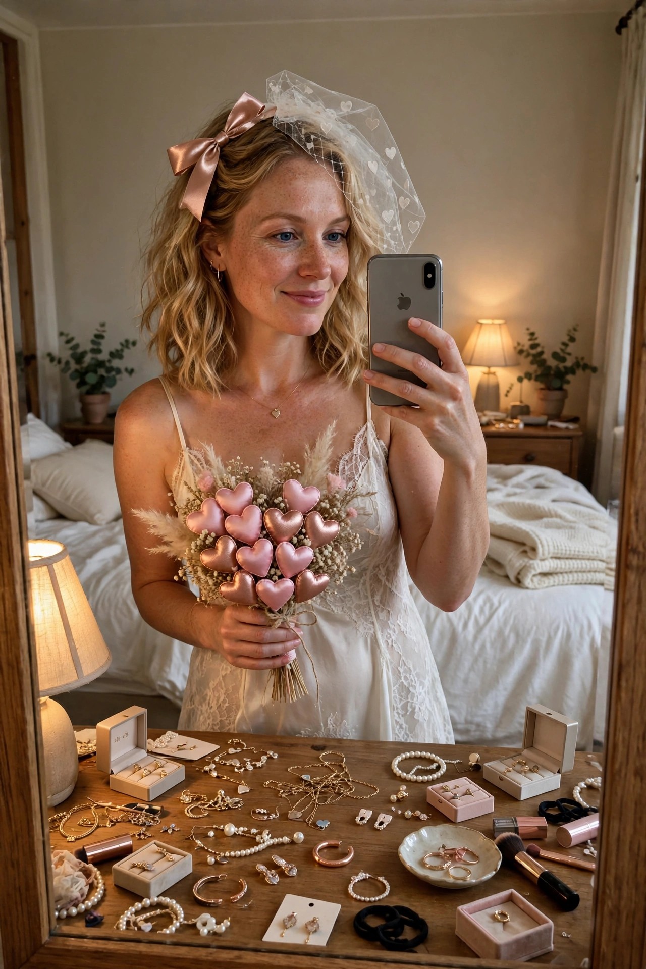 Woman in white lace dress holding pink metallic heart bouquet, wearing pink satin bow and heart patterned veil while taking a mirror selfie.