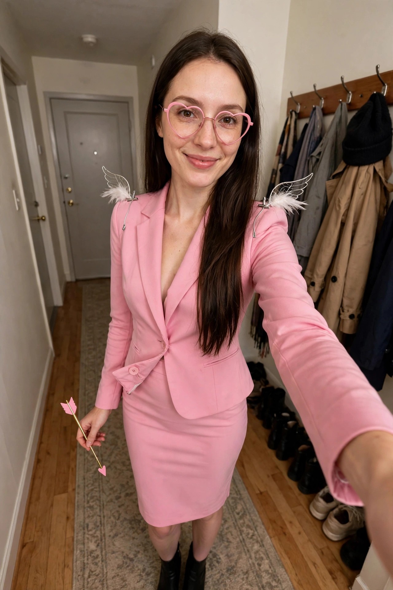 Woman wearing a pink blazer and skirt suit with small feathered wings on the shoulders, pink heart shaped glasses, and holding a gold arrow prop.
