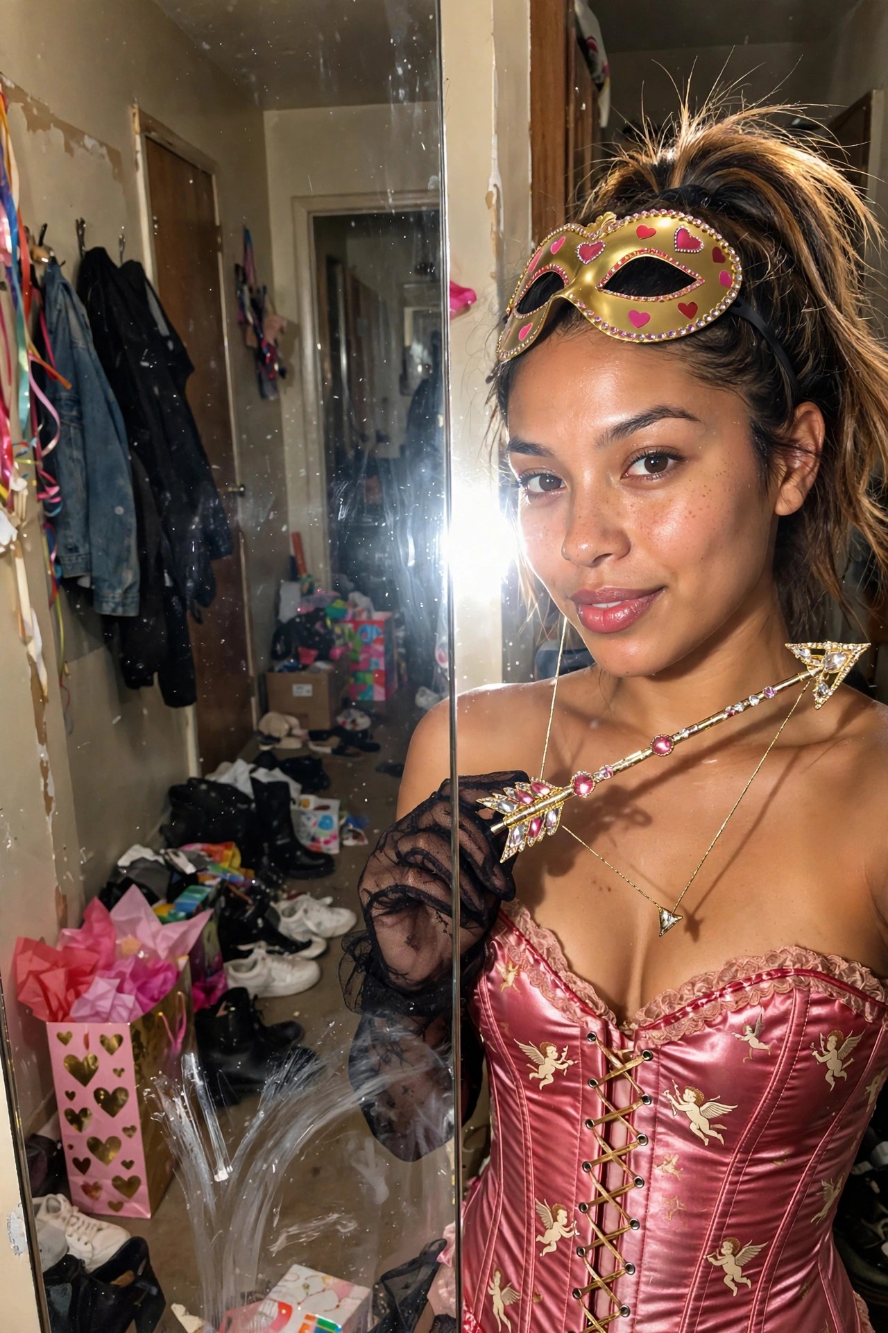 Woman wearing a pink satin corset with gold cherub prints, gold arrow necklace, gold heart mask, and black lace gloves as a Cupid costume.