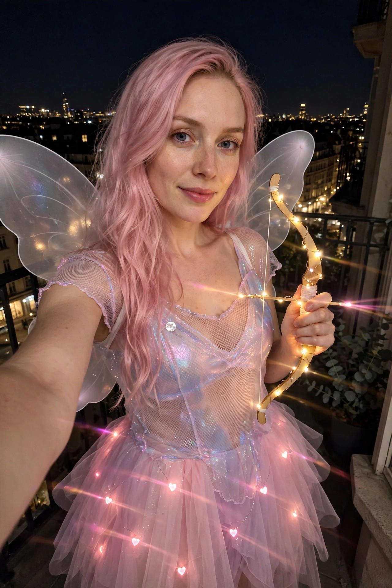 Woman wearing a pink Cupid fairy costume with translucent wings, sparkly mesh top, layered tulle skirt, and holding a light wrapped bow.