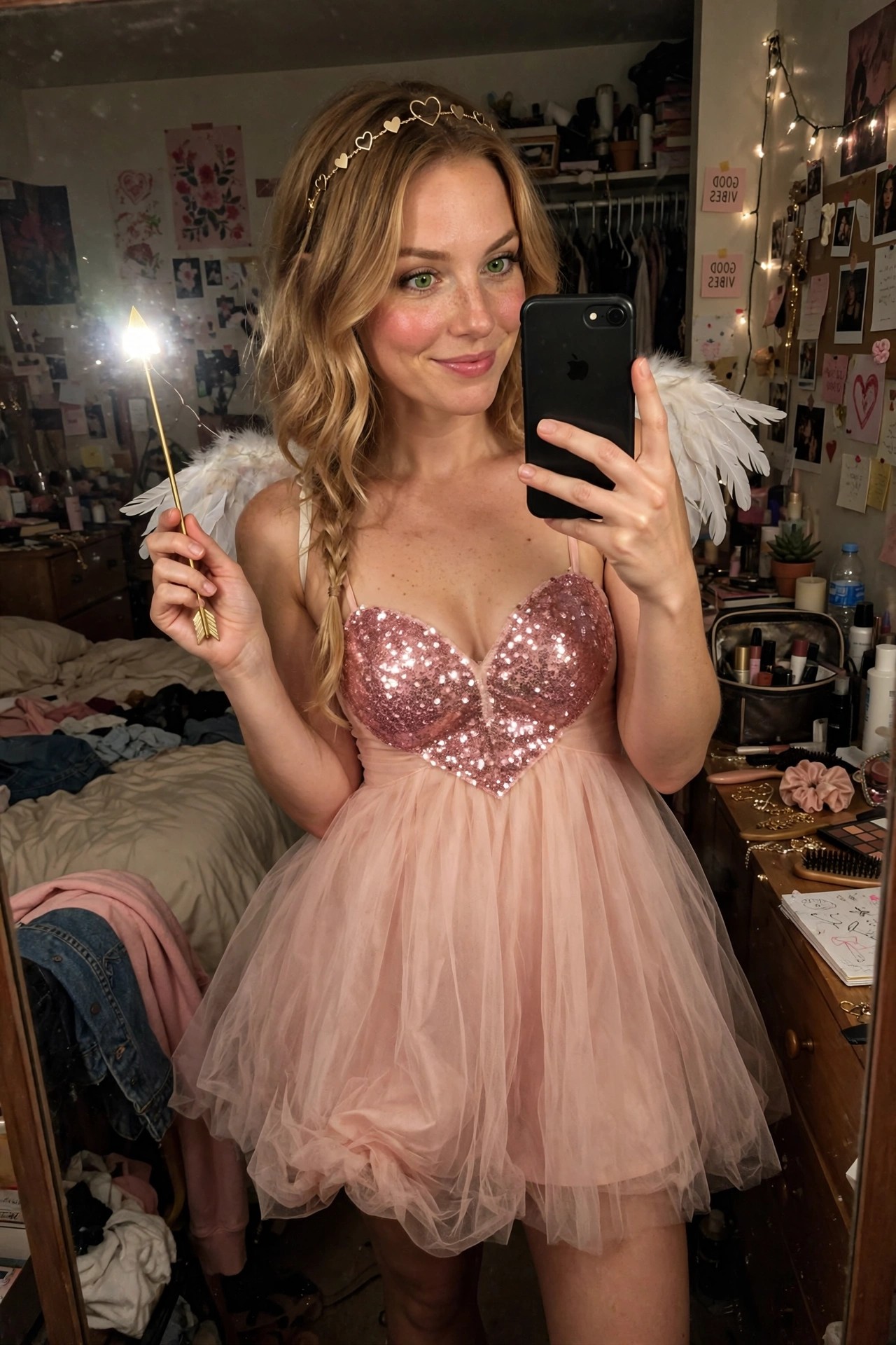 Woman wearing a pink sequin heart shaped top with tulle skirt, white feathered wings, heart headband, and holding a golden arrow prop for a Cupid costume.