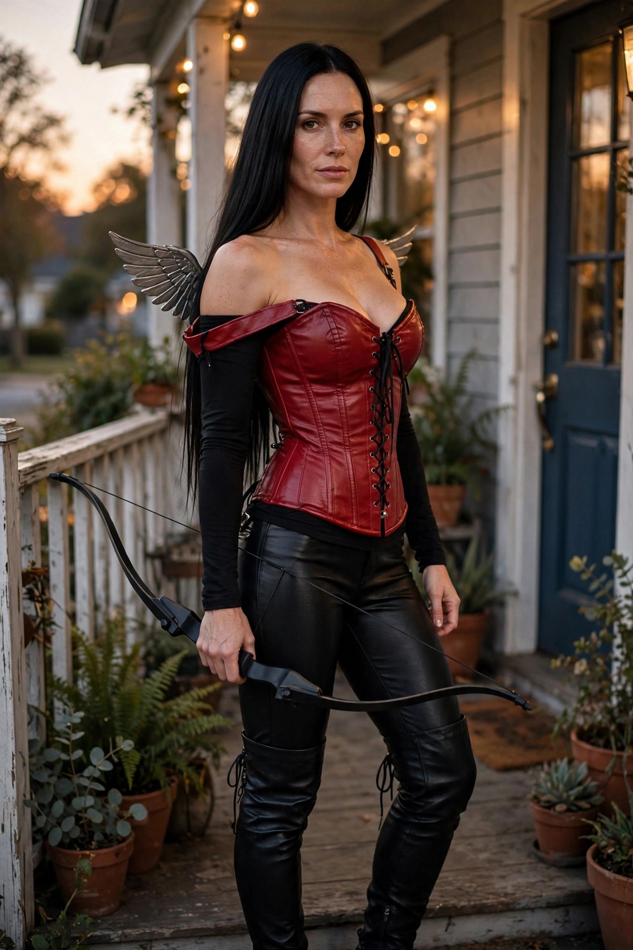 Woman wearing a red leather corset with black lacing, black long sleeve top, black leather pants, metallic wings, and holding a black bow for a Cupid Halloween costume.