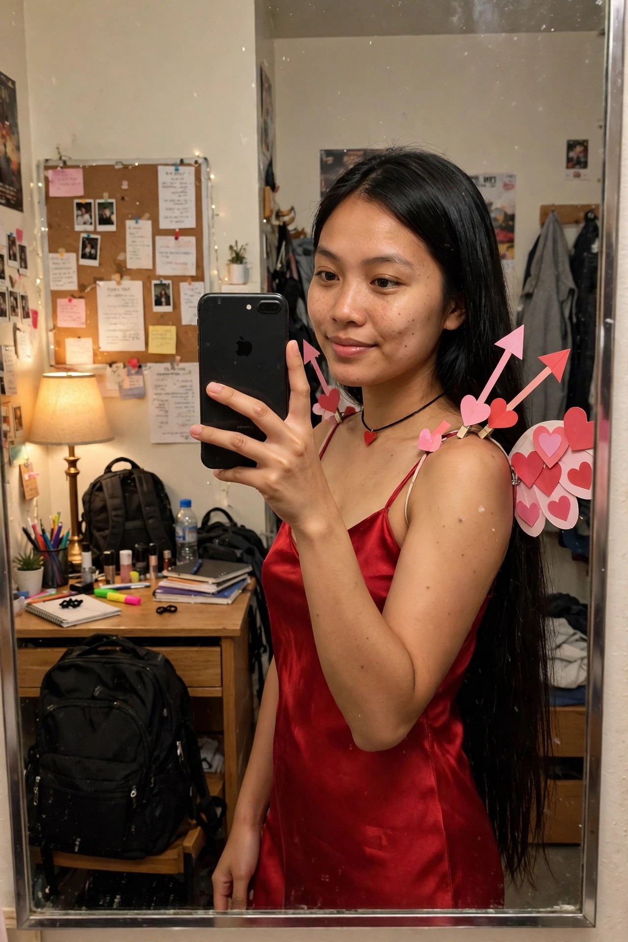 Woman wearing a red satin slip dress with pink paper hearts and arrows clipped to her hair and dress straps as a Cupid costume.